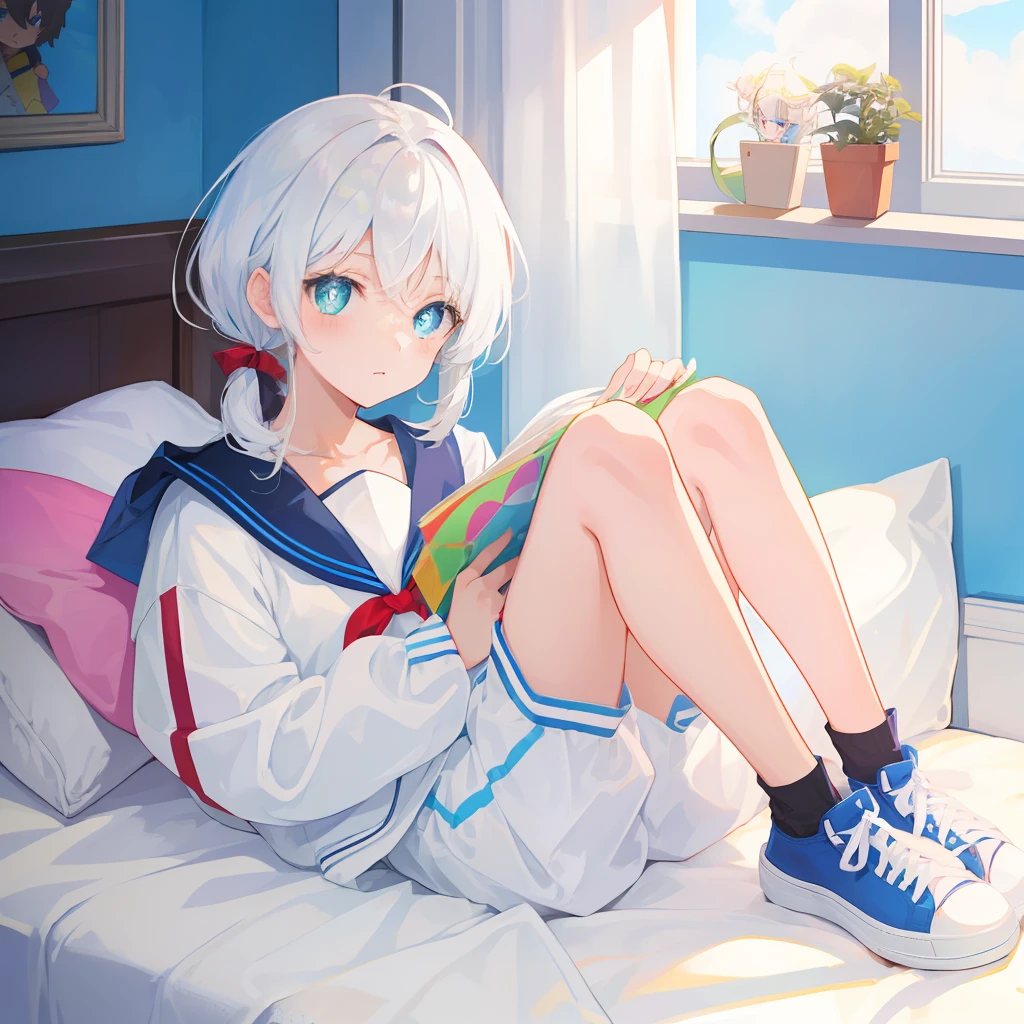 Anime characters with white hair and blue eyes, anime visual of a cute girl, Anime moe art style,Girl with short white hair, Shoujo white hair young anime girl, official character art,Heterochromic pupils，Wear high-top canvas shoes，White sailor suit，blue accents，red hairband，Lie down in bed，flatchest，Short ponytail hair，White high-top flats in hand，chiquita，fully body photo