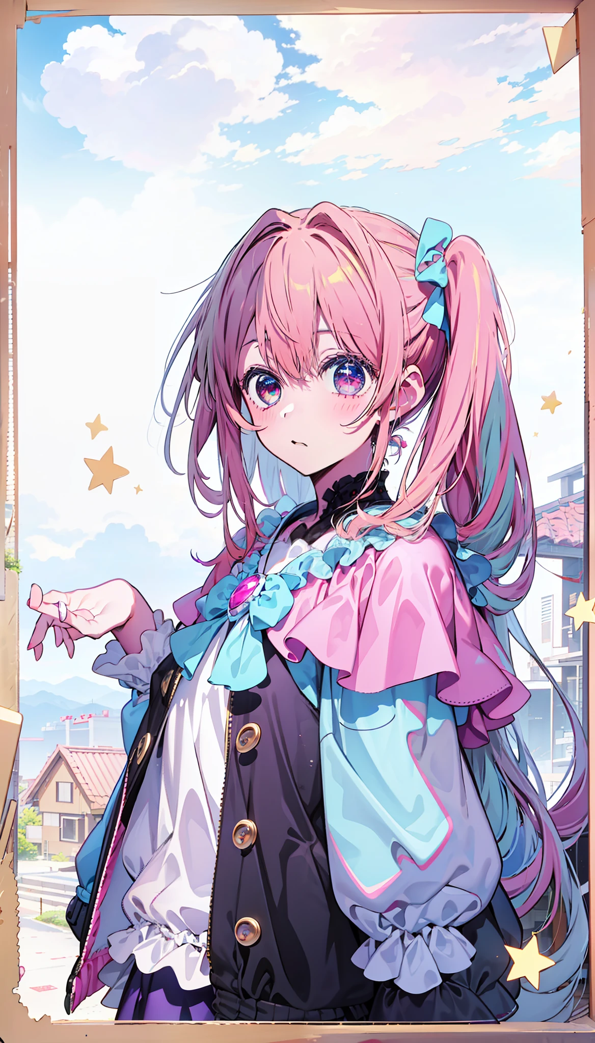 In the background is a candy house,There was a lot of sweets,There are clouds made of marshmallows。The girl's eyes are the eyes of the stars like Ai Hoshino,she has pink、Blue single-horned ponytail。
