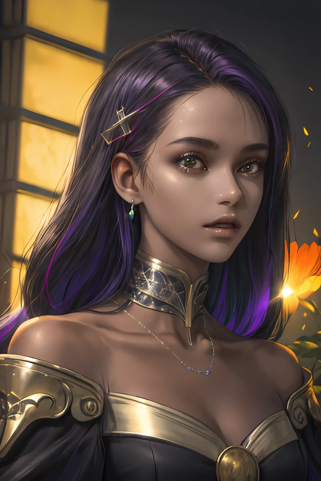 (absurdres, highres, ultra detailed), 2d, cheDark Fantasy,(masterpiece, best quality, ultra-detailed, highres, best illustration),perfect face, ((solo, solo focus)),sidelighting, lustrous skin,(bloom), (shine), ray tracing,1girl, solo, dark skin, jewelry, necklace, dark-skinned female, multicolored hair, lips, purple hair, upper body, brown eyes, breasts, bare shoulders, hair ornament, makeup, long hair, black hair, very dark skin, dreadlocks,depth_of_field, city background,very detailed background,extreme light and shadow,(detailed eyes), (beautiful) beautiful detailed eyes, perfect lighting , perfect anatomy,(extremely detailed illustrated 8k wallpaper),(masterpiece), (best quality), (ultra-detailed), (best illustration),(best shadow), vivid colors, portrait, shoulder, half body