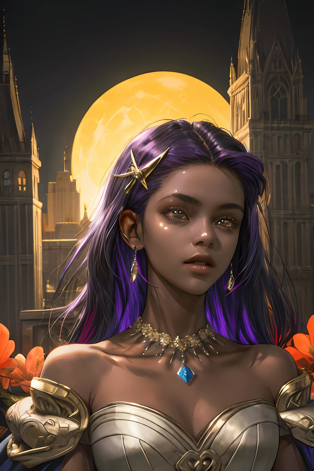 (absurdres, highres, ultra detailed), 2d, cheDark Fantasy,(masterpiece, best quality, ultra-detailed, highres, best illustration),perfect face, ((solo, solo focus)),sidelighting, lustrous skin,(bloom), (shine), ray tracing,1girl, solo, dark skin, jewelry, necklace, dark-skinned female, multicolored hair, lips, purple hair, upper body, brown eyes, breasts, bare shoulders, hair ornament, makeup, long hair, black hair, very dark skin, dreadlocks,depth_of_field, city background,very detailed background,extreme light and shadow,(detailed eyes), (beautiful) beautiful detailed eyes, perfect lighting , perfect anatomy,(extremely detailed illustrated 8k wallpaper),(masterpiece), (best quality), (ultra-detailed), (best illustration),(best shadow), vivid colors, portrait, shoulder, half body