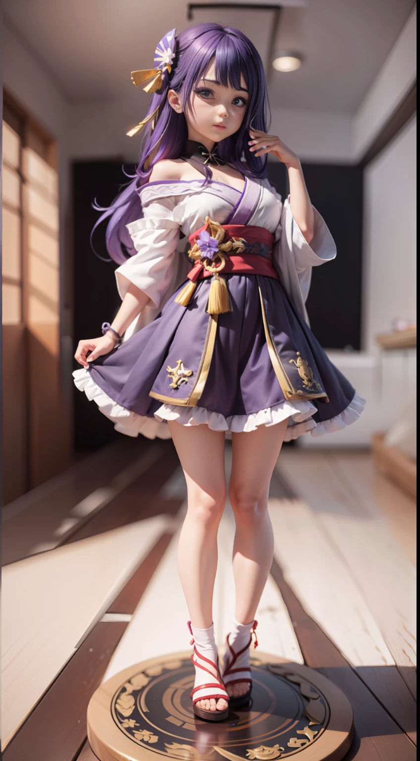 masterpiece,best quality,ultra-detailed,realistic,extremely detailed CG unity 8K wallpaper,(white background:1.5),full body,chibi,1 girl,Super cute girl full body 3D drawing,adolable,Pop Mart Box ,raidenshogundef,raidenshogunrnd,purple hair,purple dress,Cross your hands at the waist,Stand on a circular stand,Tsundere