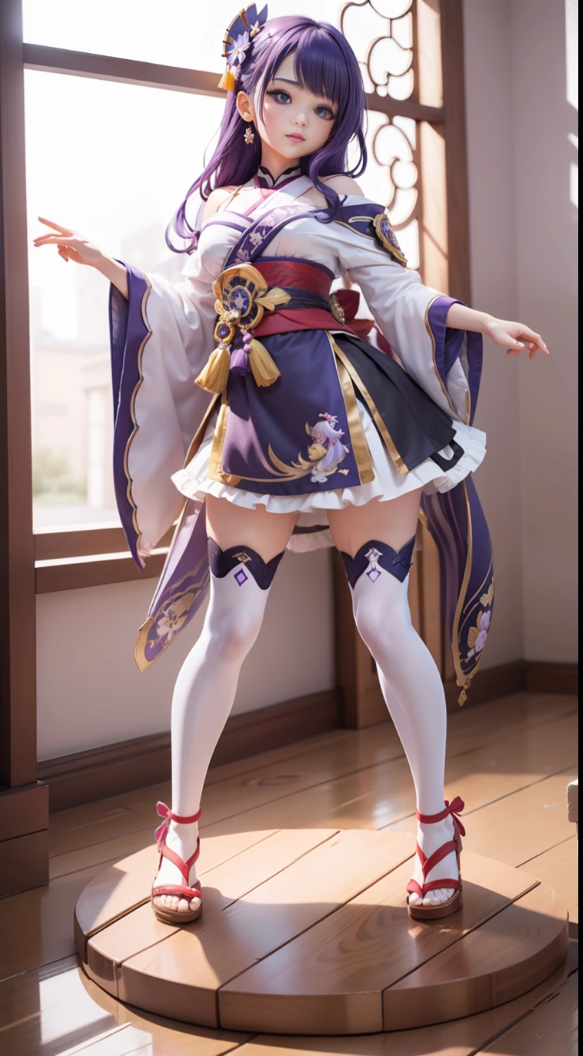 masterpiece,best quality,ultra-detailed,realistic,extremely detailed CG unity 8K wallpaper,(white background:1.5),full body,chibi,1 girl,Super cute girl full body 3D drawing，adolable，Pop Mart Blind Box ,raidenshogundef,raidenshogunrnd,purple hair,purple dress,Cross your hands at the waist,Stand on a circular stand,Tsundere