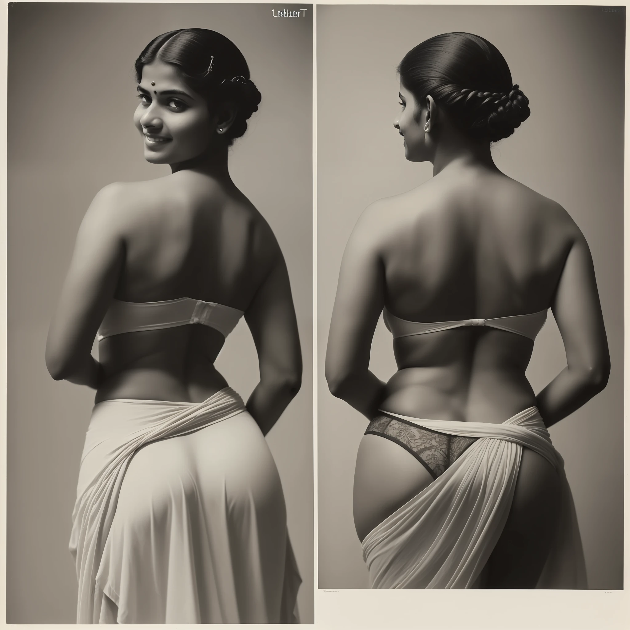 Indian Kerala woman,((1890s:1.3)), ((back view:1.3)),bare back, wearing underwear of that era in India, (lehnert and landrock photography:1.4), looking at camera,monochromatic, ((photorealistic:1.3)), curvy, smiling, anatomically correct, tall, long messy hair, outdoors