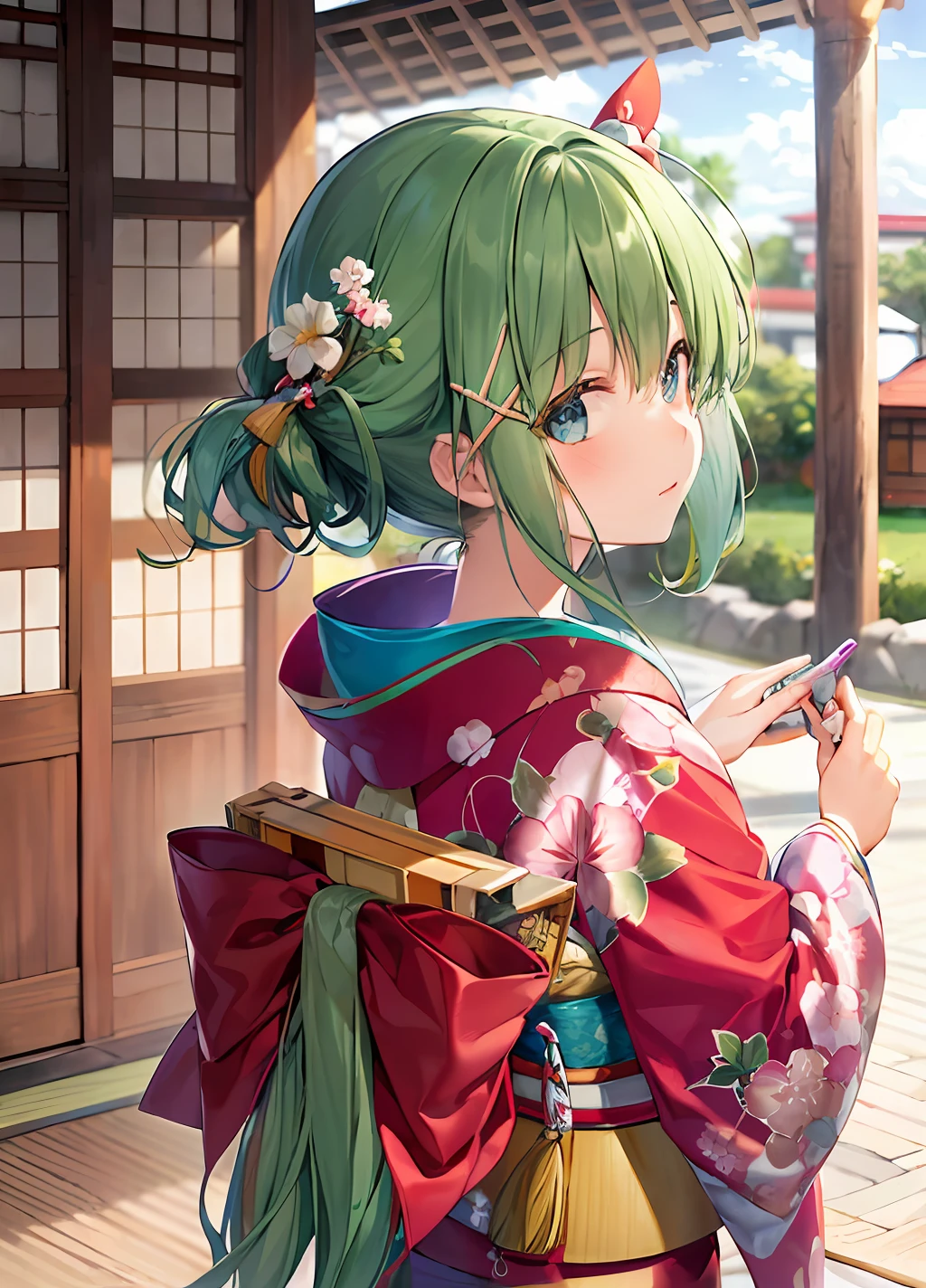 A girl in a kimono，dual horsetail，Lateral face，