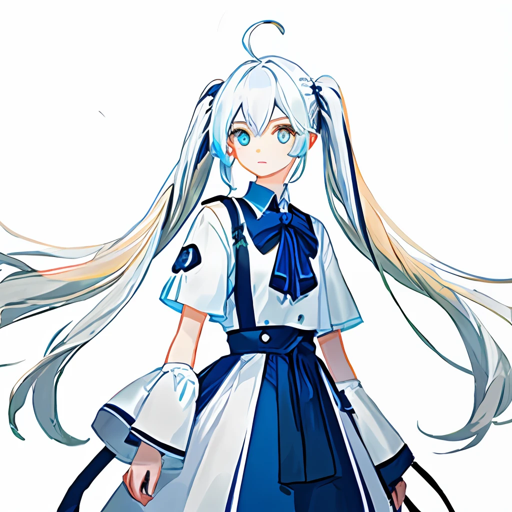 (best quality, masterpiece), 1girl, (female focus), ahoge, white blue hair, ((white shirt), (overfit shrit)), long hair, standing, twintails, [[[mild heterochromia]]], white background