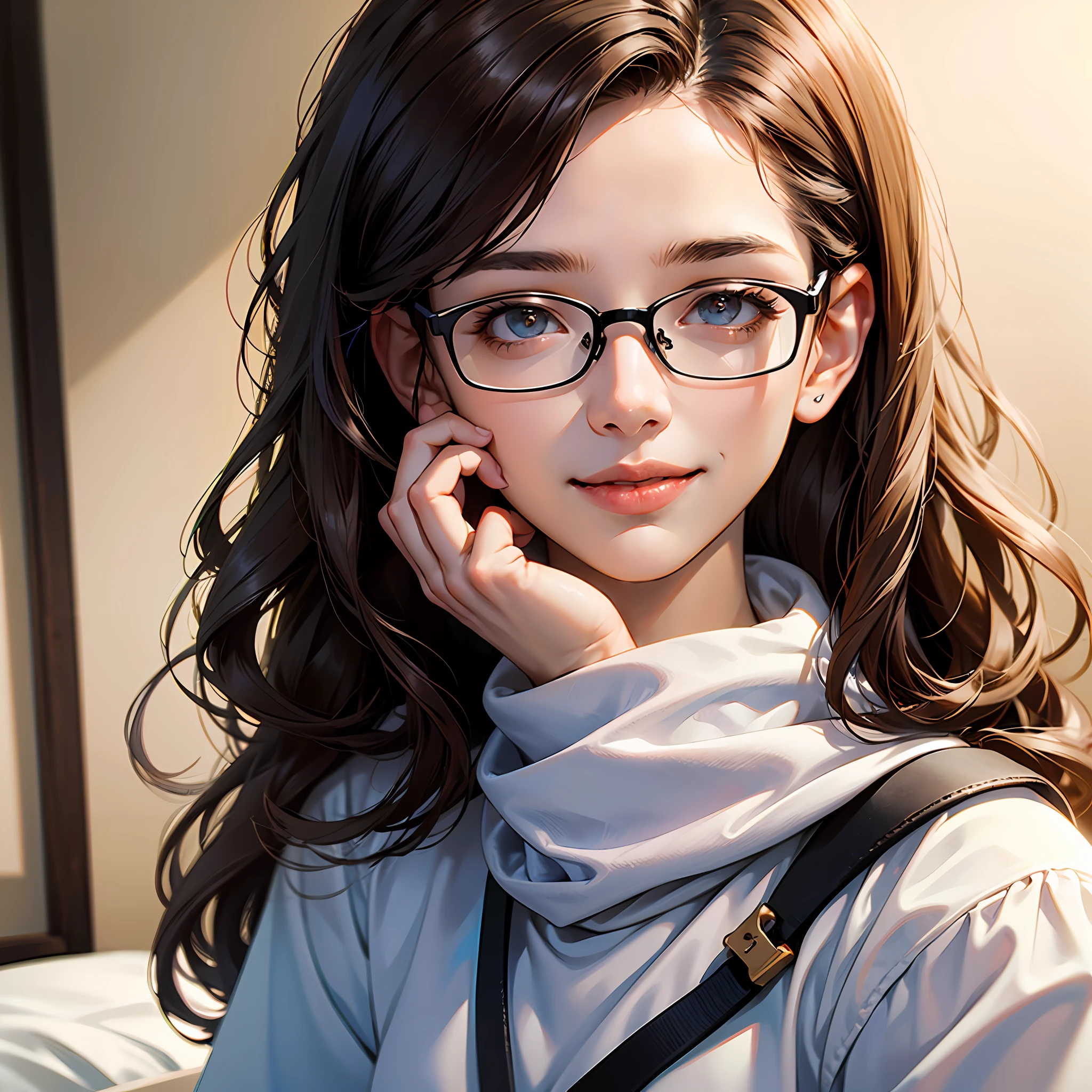 teens girl, brunette color hair, long whitr hair, inside in room, Yellow sweatshirt, hair spread out, hairpin, bespectacled, rimless eyewear, solid circle eyes, covering ears, closed mouth, light smile, Realism, Realism, Realism, high quality, best quality --auto