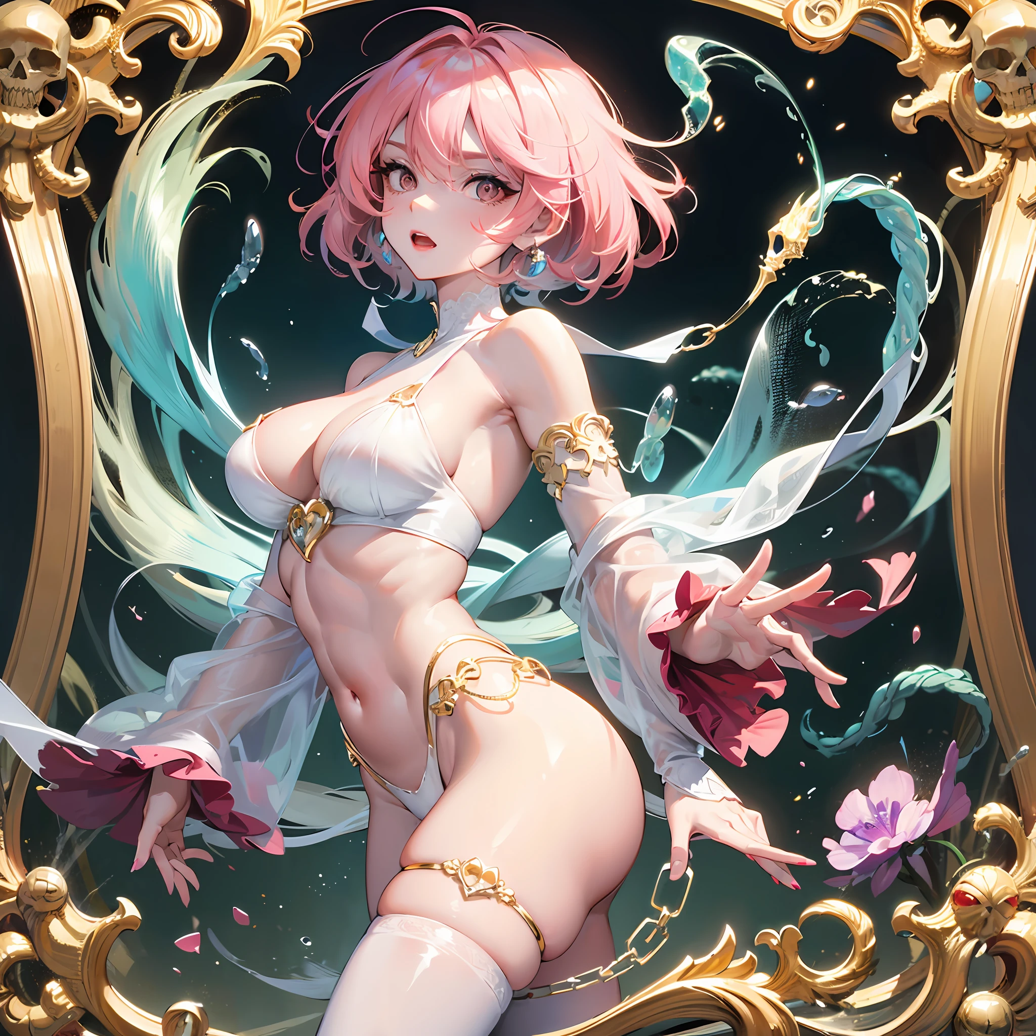 Jellyfish, pink snake hair, reddish white eyes, ultra-detailed sea surface, skulls in the reflection of her eyes, background of white stone statues of muscular and mature men, expression of anger and hatred, symbol of the feminine in the center, well-structured female body, golden jewels all over her body --auto