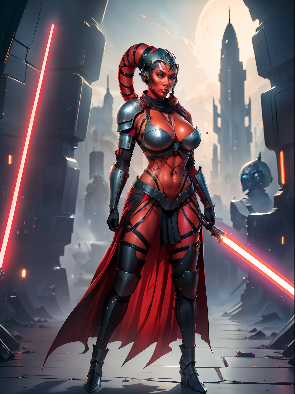 (red skin, twi'lek), red lightsaber, evil space knight, space ninja, space samurai, (black robes, straps, buckles, skirts, long sleeves, fantasy, ((futuristic knight armor))), (slender body, thin, slim sexy body),
