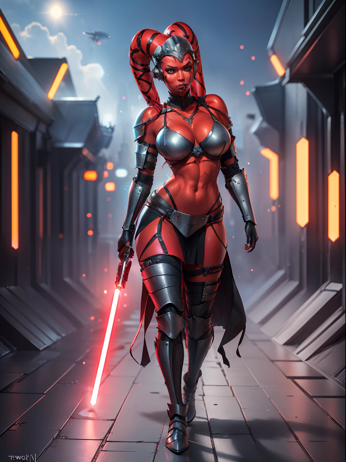 (red skin, twi'lek), red lightsaber, evil space knight, space ninja, space samurai, (black robes, straps, buckles, skirts, long sleeves, fantasy, ((futuristic knight armor))), (slender body, thin, slim sexy body),