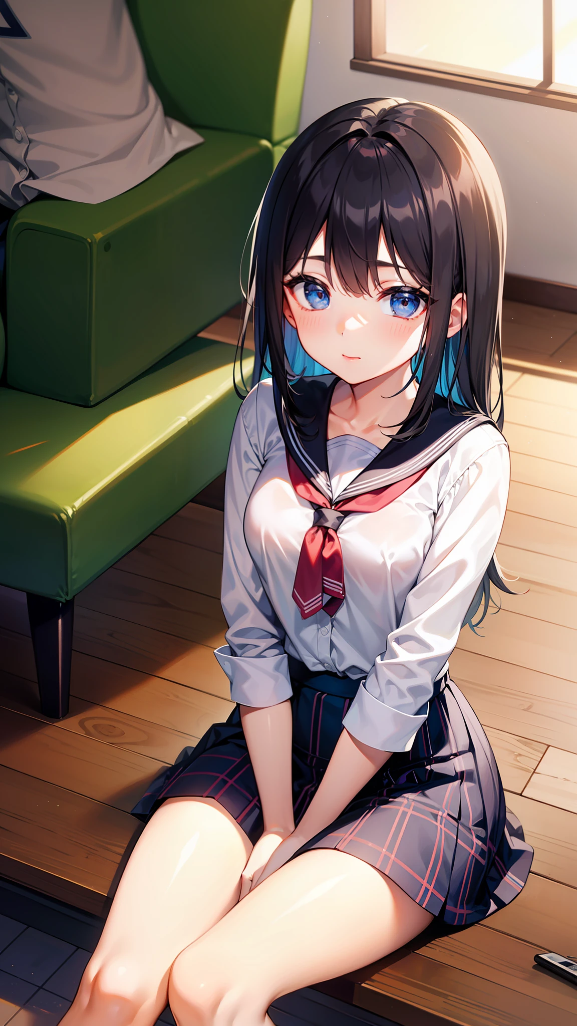 hi-school girl、校服、a miniskirt、Plaid skirt、plain、Physical education sitting、Black socks、top-quality、Hi-Res