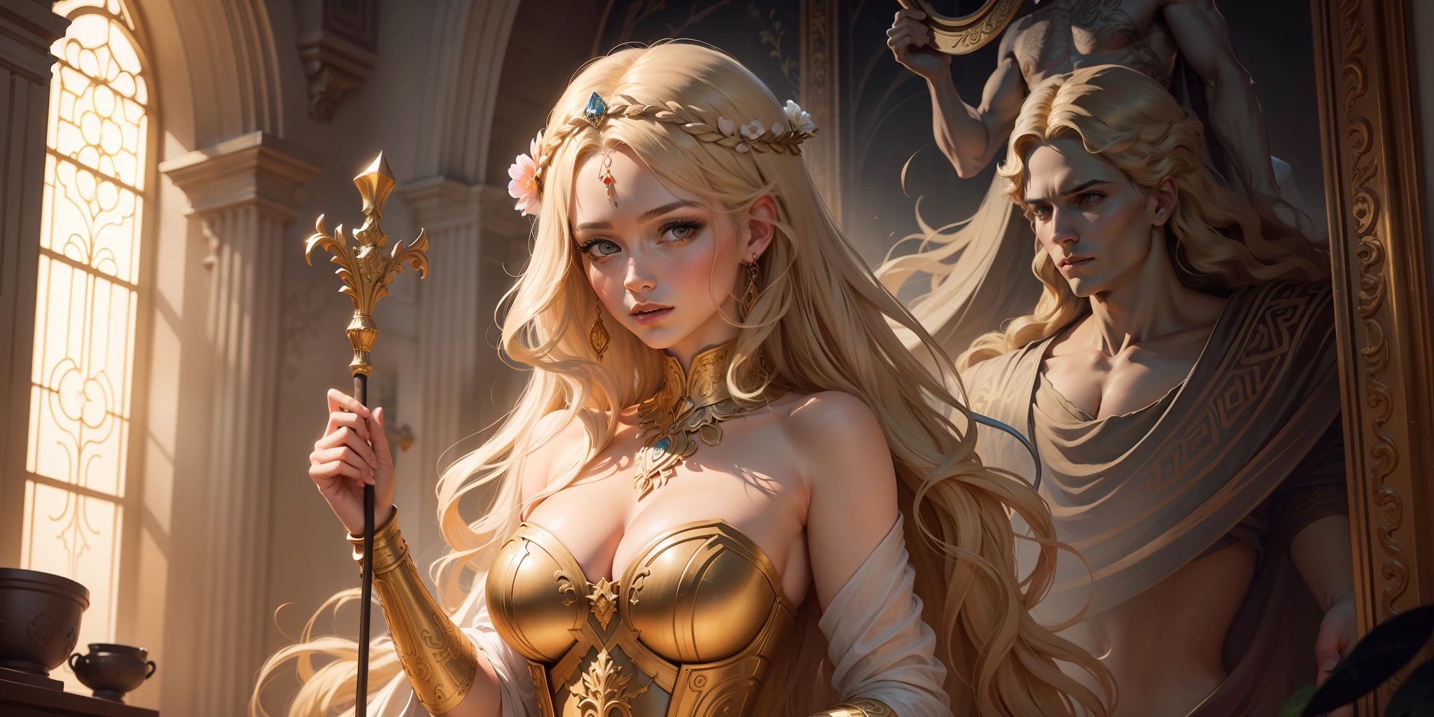 image of a woman, digital painting myth, ((holding a long scepter)), greek mythology, characters from greek mythology, dramatic art, digital godrays painting, art mythology, epic mythology, long curly hair, blonde, floral frame, decorative panels, abstract artistic, by Alphonse Mucha (masterpiece, best quality, high resolution: 1.4), detailed, intricate details, 4K, color splashes, line art, Fibonacci