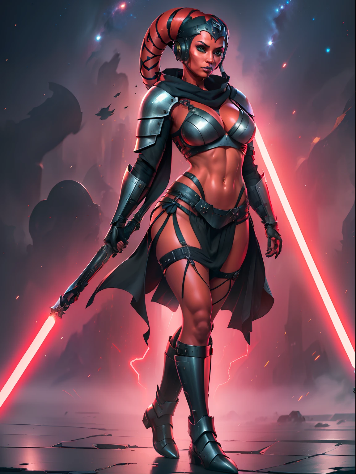 (red skin, twi'lek), red lightsaber, evil space knight, space ninja, space samurai, (black robes, black tunic, tabard, cowl, cloak, straps, buckles, skirts, long sleeves, fantasy, ((futuristic knight armor))), (slender body, thin, slim sexy body),