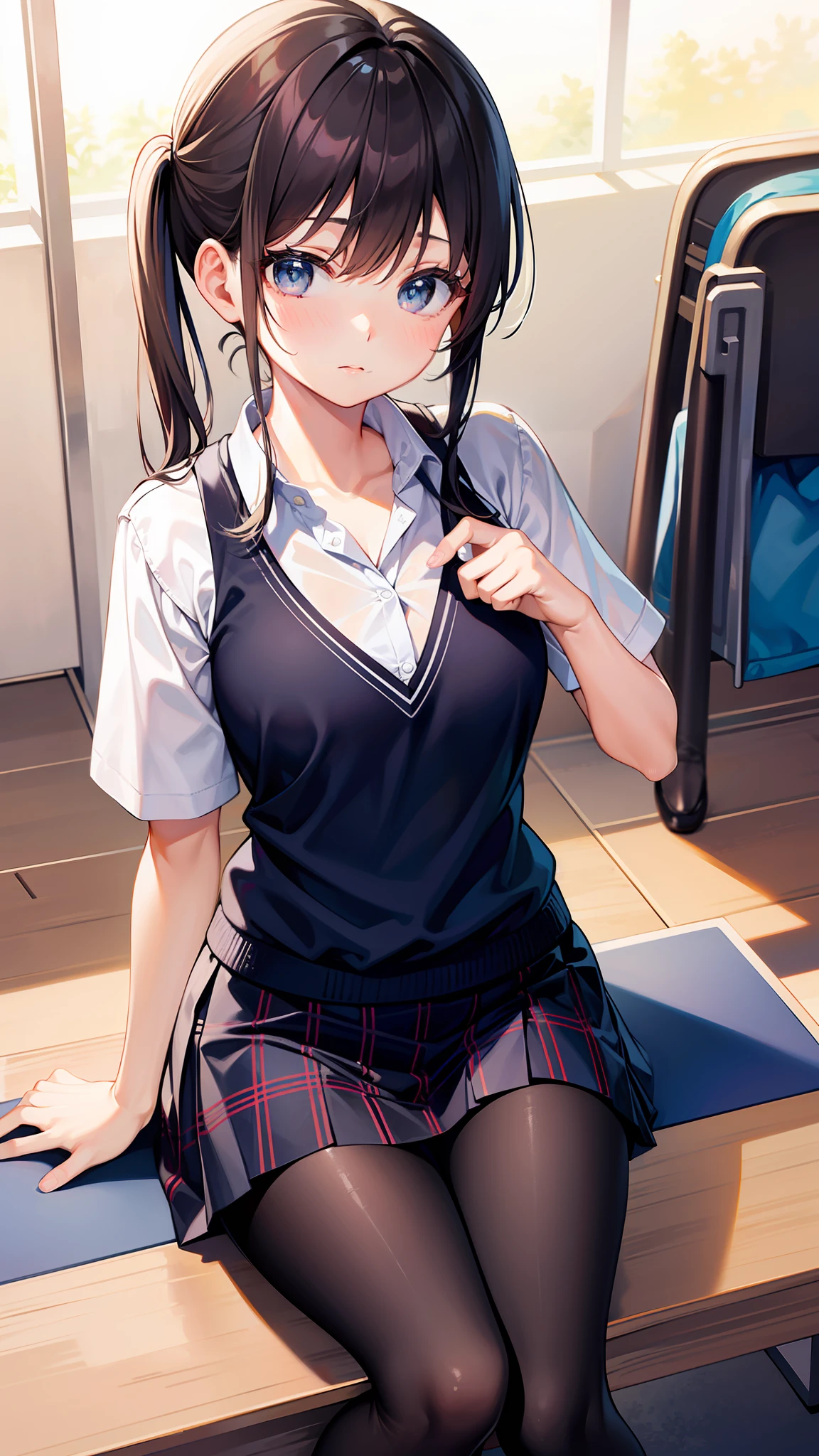 hi-school girl、校服、a miniskirt、Plaid skirt、plain、Physical education sitting、Black socks、top-quality、Hi-Res