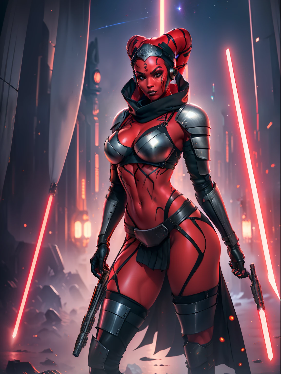 (red skin, twi'lek), red lightsaber, evil space knight, space ninja, space samurai, (black robes, black tunic, tabard, cowl, cloak, straps, buckles, skirts, long sleeves, fantasy, ((futuristic knight armor))), (slender body, thin, slim sexy body),