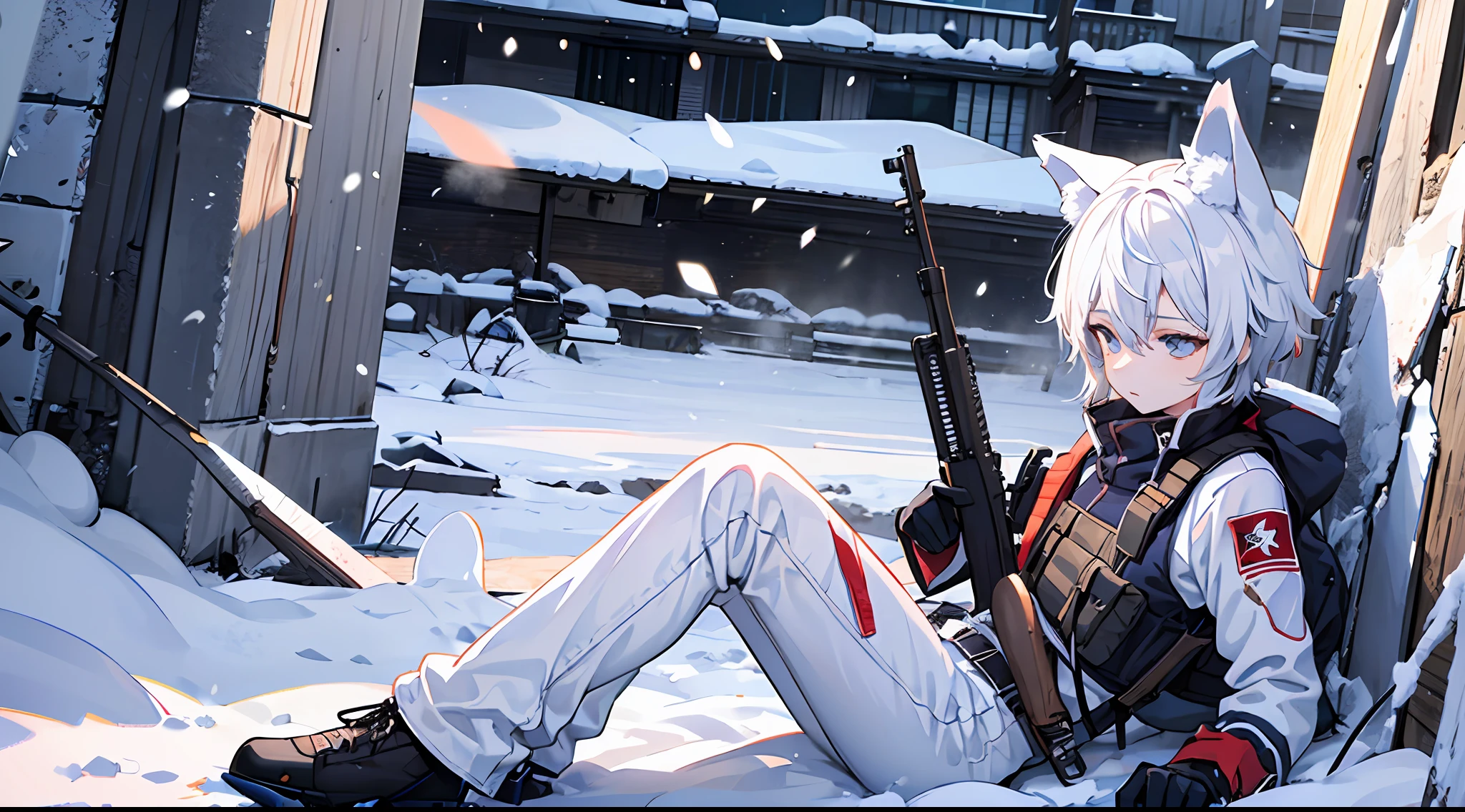 Game CG，(((younge boy)))，Sense of childhood，Wolf ears，Wolf tail，binh，White ski suit，White pants，Combat boots，sniper gun，Combat vest，Battle belt，wounded，Battle damage，Lie on the ground，snowfield，Look into the distance，fully body photo，