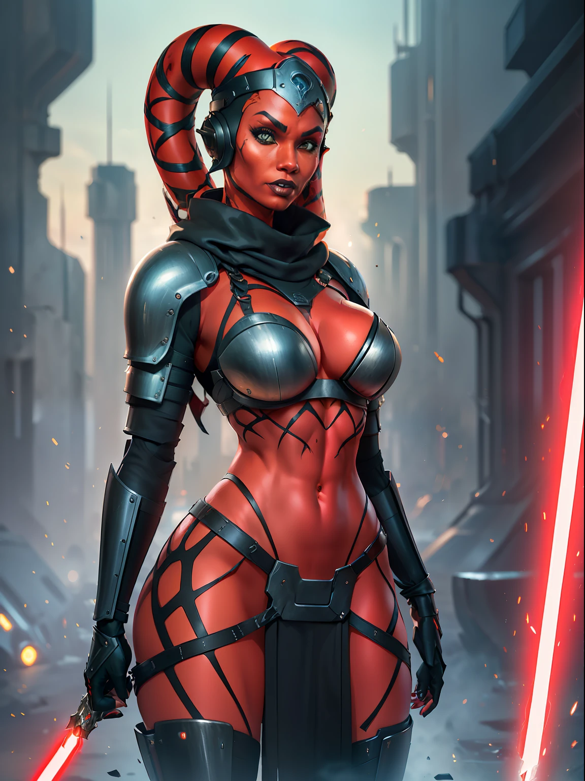 (red skin, twi'lek), red lightsaber, evil space knight, space ninja, (black robes, black armor, tunic, tabard, cowl, cloak, full-body armor, straps, buckles, skirts, long sleeves, fantasy, ((futuristic body armor))), (busty, slender body, thin, slim sexy body, slim waist),