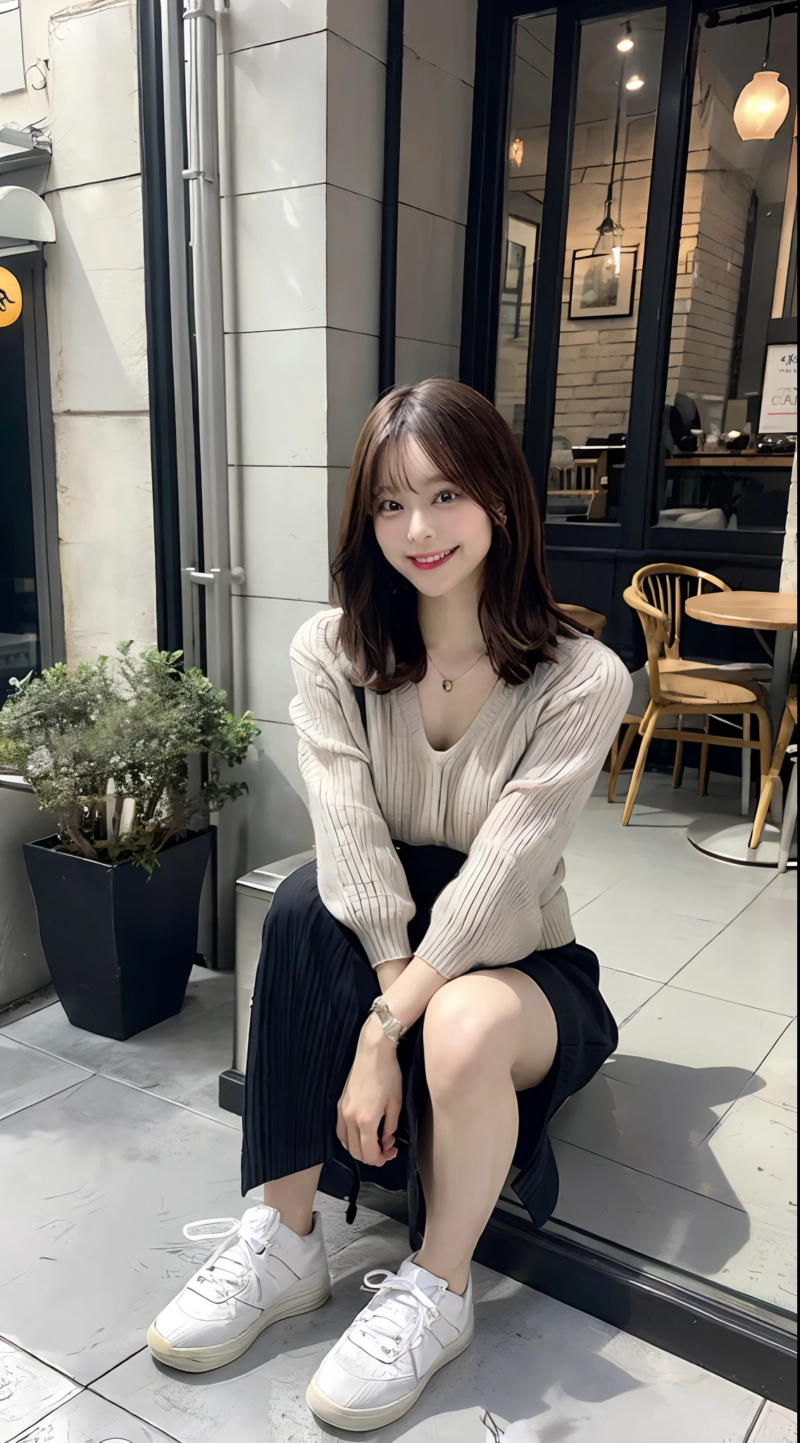 8K UHD、Digital SLR、film grains、Fujifilm XT4、(top-quality:1.3)、(masterpiece:1.1)、hight resolution、Cinematic Light、intricate detailes、(Photorealsitic)、Outside、Beautiful outside、Sunny、
japanaese girl、(cafes:1.5)、Dimples、Look at viewers、detailed trees、Ribbed sweater、
pencil skirts、high waist skirt、head rest、sitting on、in a house、
a necklace、sheet transportation sweater、(A smile)、(full body Esbian:1.6)、A slender、