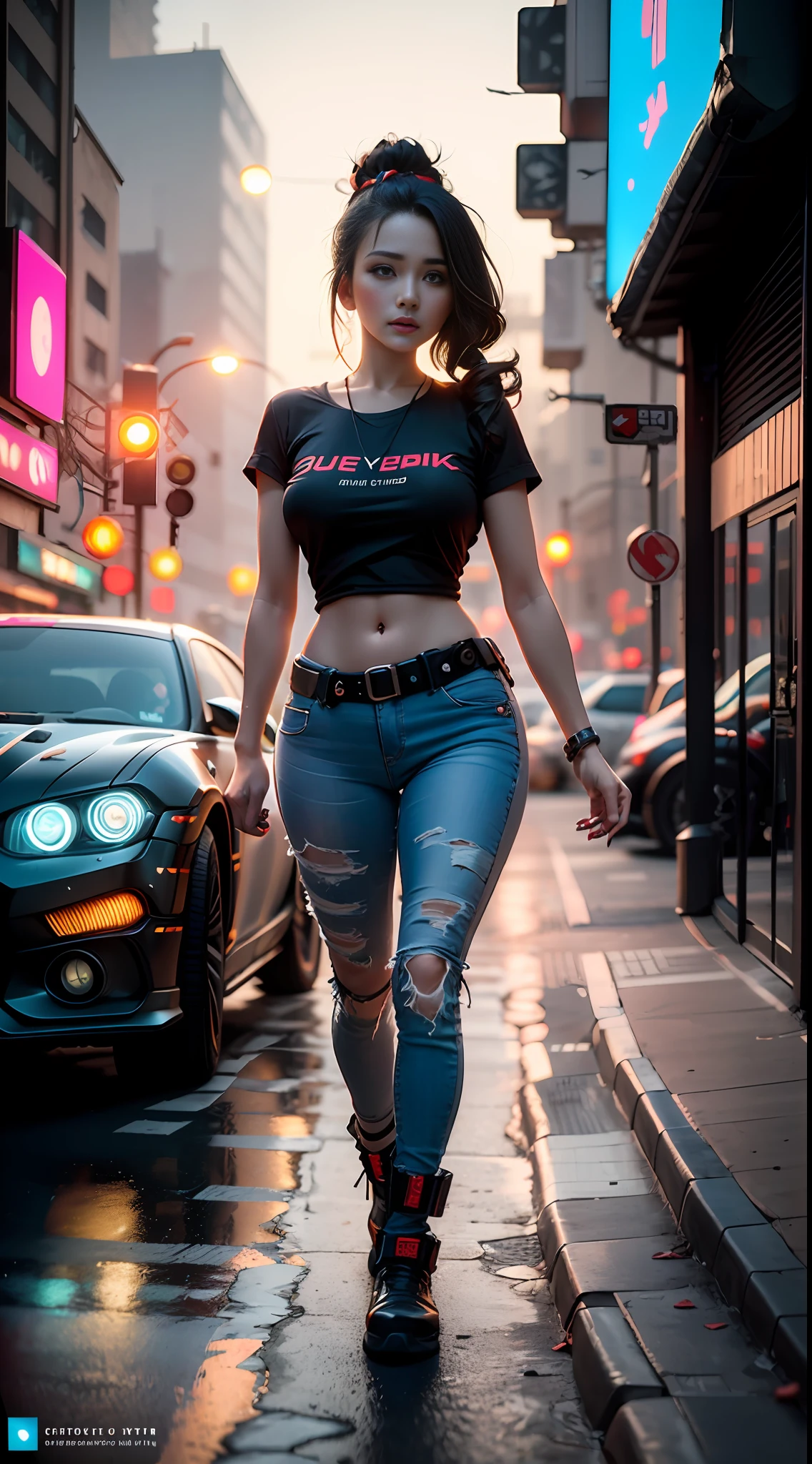 ((Best Quality)), ((Masterpiece)), (Highly Detailed:1.3), 3D, 18years Teen. Cute turkish Girl, Firm boobs, black hair, black plain basic tee-shirt, 18 years old, tight jeans, boots, (cyberpunk:1.5), on the street, facing the audience, bright eyes, full body, glowing_eyes, mecha, panorama, f/1.4 lens, cyberpunk background, luminous sign, bokeh background, road, cars, cinematic lights, particles, Reality, HDR (High Dynamic Range), Ray Tracing, NVIDIA RTX, Super Resolution,  Unreal 5, Subsurface Scattering, PBR Textures, Post-Processing, Anisotropic Filtering, Depth of Field, Maximum Clarity and Clarity, Multilayer Textures, Albedo and Specular Maps, Surface Shading, Accurate Simulation of Light-Material Interaction, Perfect Proportions, Octane Render, Two-Tone Lighting, Large Aperture, Low ISO, White Balance, Rule of Thirds, 8K RAW, Efficient Sub-Pixel, Sub-pixel Volume Product,  (best quality), (Liu Yi Fei: 1.5)