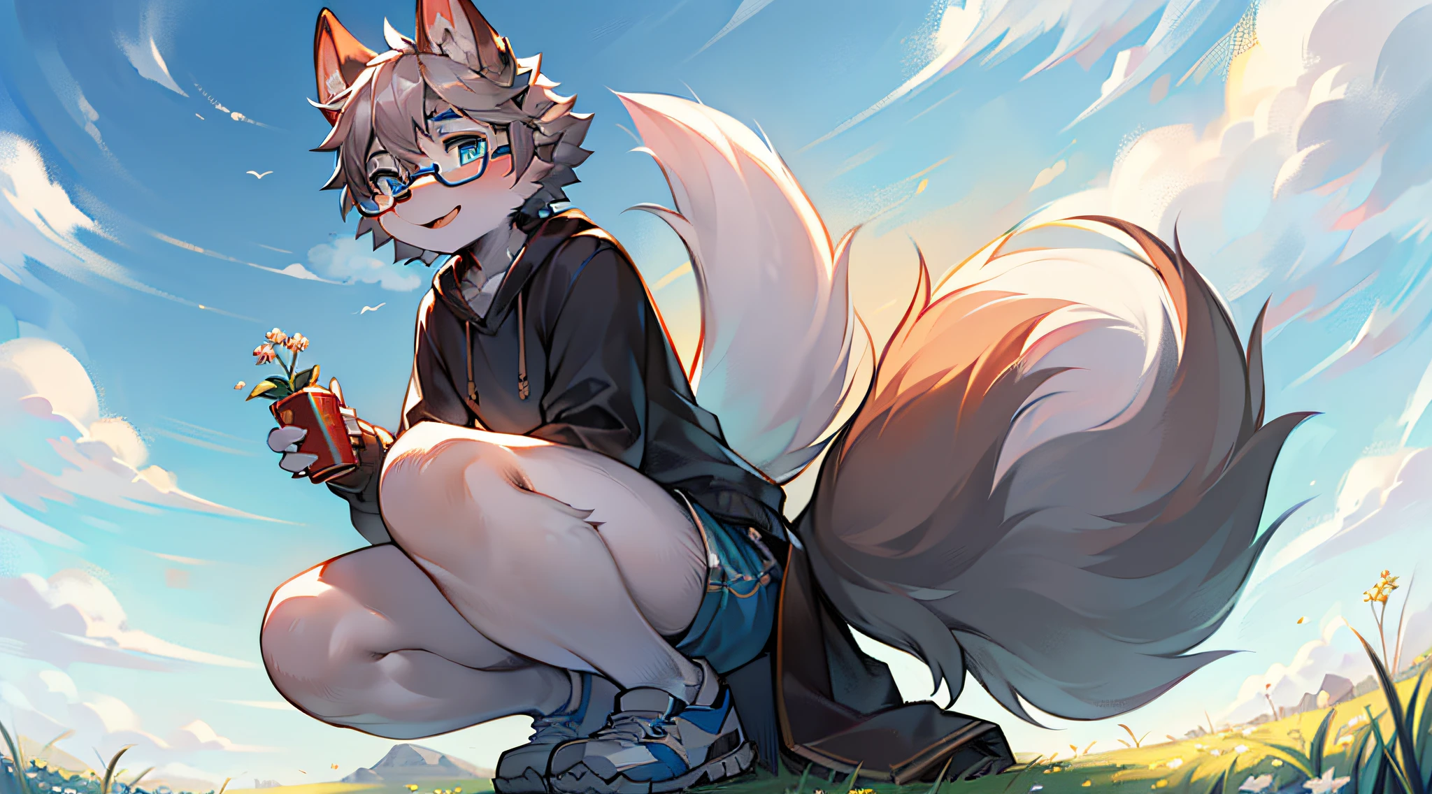 tmasterpiece,High-quality portraits,abstract res,digitial painting(anthro,Fluffy fur,Character focus),anthro male wolf, short detailed hair, eyes with brightness, in a panoramic view, shaggy, Furry boy, (Full Body Furry, Fluffy tail, White fur, blue color eyes, Gray hair,having fun,Erect ears), (long canines、)夏天,grassy fields,A few small flowers,clear lakes,a paradise,Large clouds,blue-sky,scorching weather,high definition detail,Hyper-detailing,cinematic ligh,the soft light,Ray traching(Small white shorts,white short socks,White casual shoes,gray sweaters,Black glasses,Super cute face,)HD facial details
