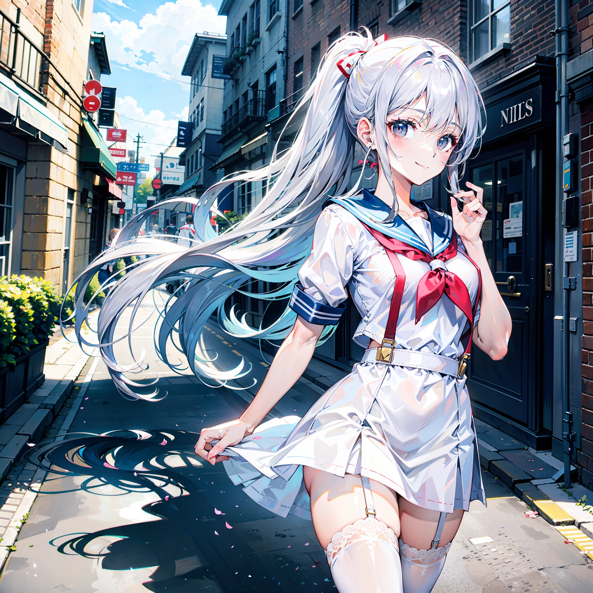 cute girly，White sailor suit，high ponytails，Silver eyes and hair，Medium-sized breasts，Smiling, White suspender stockings, Hair is being tied, A gentle breeze blows on the side of the street，Front view