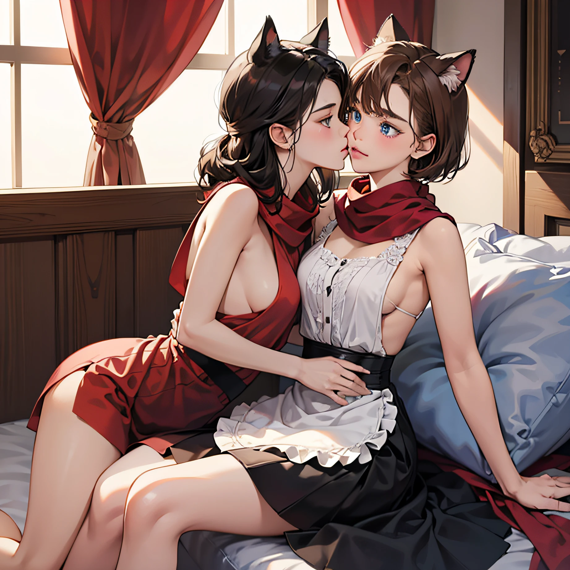 Two age girls,nedium breasts,Beds,the maid outfit,whaite hair,Short brown hair,cat ear,Lower left earlobe,Shy,Red scarf,Lying,Superskirt,seductiv,eBlue eyes ,balmy,upper legs((tmasterpiece),best qualtiy,cinmatic lighting,ultra - detailed,Beautiful and detailed eye description,Bright pupils)Intimate contact,Teary eyes,If you want to refuse, you are welcome,Playing,counterpart,Nakedness,One up and one down,kiss --auto