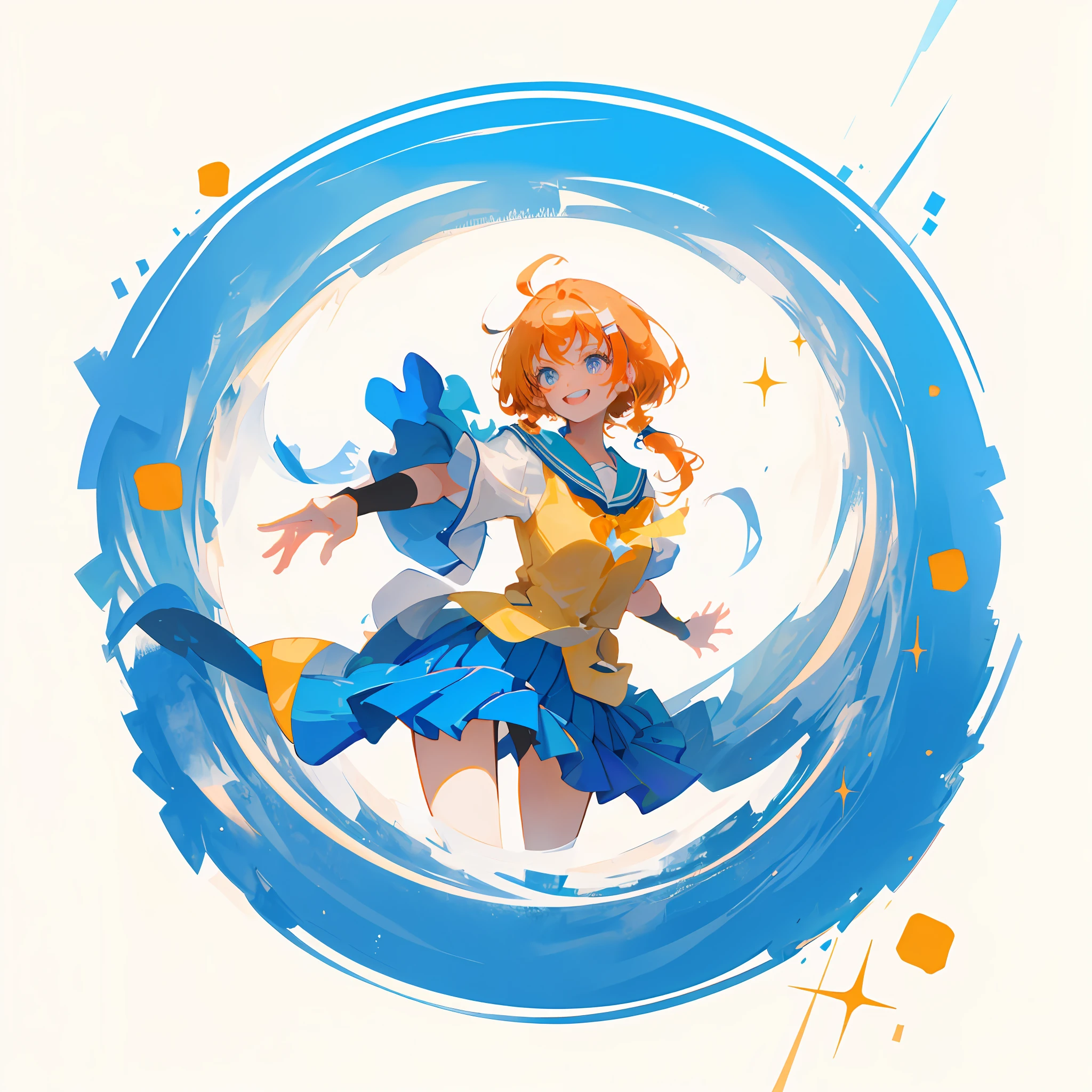 (A girl with orange hair), Orange-blue tones, orange hair,blue eyes ,Expressive hair, Smile, Anime style, hyper HD, retinas, Masterpiece, cinematic lighting, ray tracing ,(yellow school uniform),sparkle