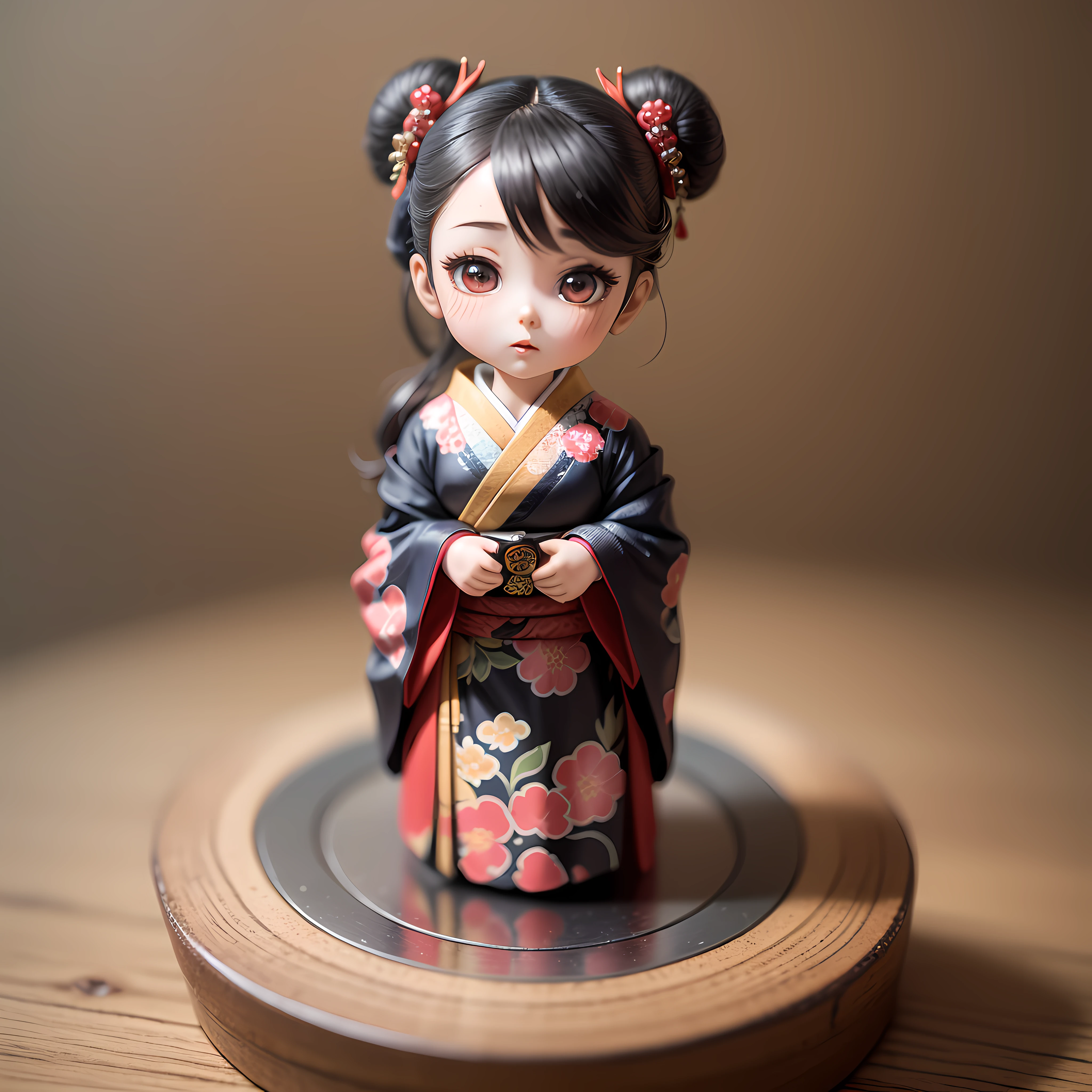 A small anime doll, portraying a geisha, inside a blind box, placed on a tiny pedestal, against a clean white background, illuminated by artificial light. The artwork is of top-notch photographic quality, capturing every intricate detail of the anime doll.