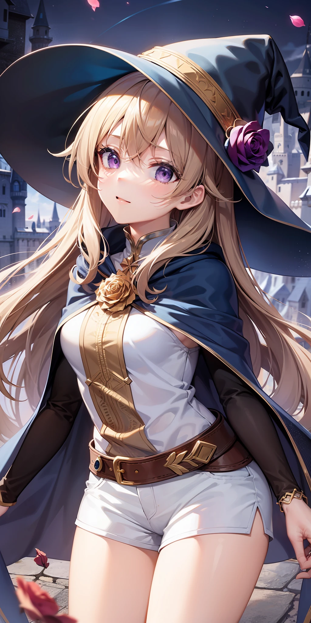 Light brown long hair, blue witch hat, blue clothes, white shorts, purple eyes, witch, magic, rose red cape, fairy tale, castle, 4K, European style