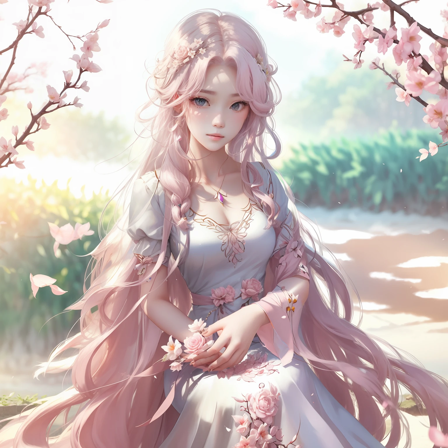 ancient wind，Long pale pink hair，The upper part of the body，White-skinned --auto