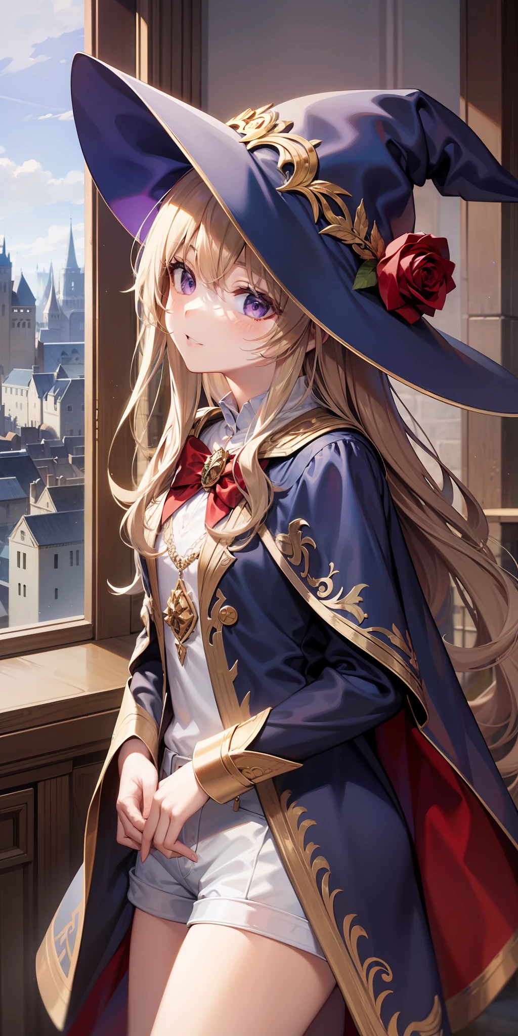 Light brown long hair, blue witch hat, blue clothes, white shorts, purple eyes, witch, magic, rose red cape, fairy tale, castle, 4K, European style