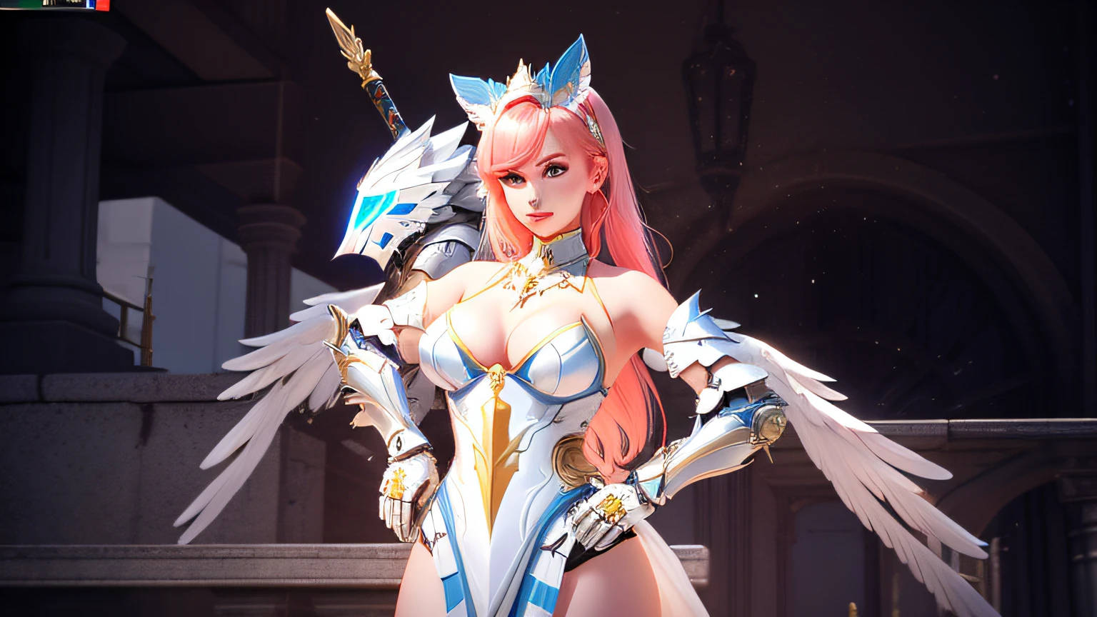 There is a woman in white dress,There is a bird on his head, Biomechanical OPPAI, glossy white armor, in monster hunter armor, Sakura Kinomoto, White Cat Girl, Mechanized Valkyrie girl, pc screenshot, render of april, Katana Zero video game character, bikini armor female knight, angel knight girl, cyarine