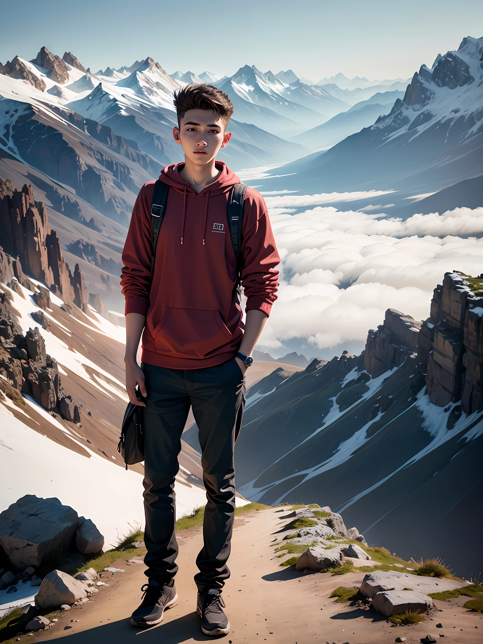 A 20-year-old man turns his face to stand on a mountain landscape --auto