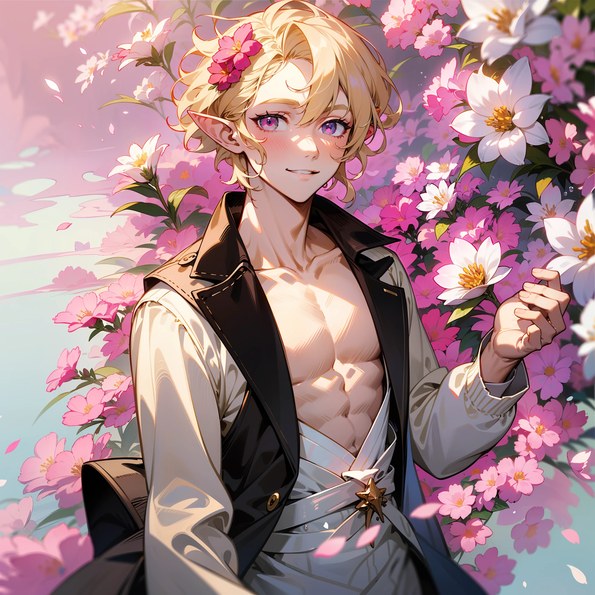 young man, (((male))), (((man))), (((one person))), single, solo, (((very light blonde hair))), (((pink colored eyes))), (medium short hair), wavy hair, slim figure, ((flat chest)), wearing fantasy clothes, fantasy style, (((wearing flowers in his hair))), ((pointy ears)), flowers, sunny weather, smiling, (light pink colored eyes), river in the background, water bubbles floating in the air, white colored flowers