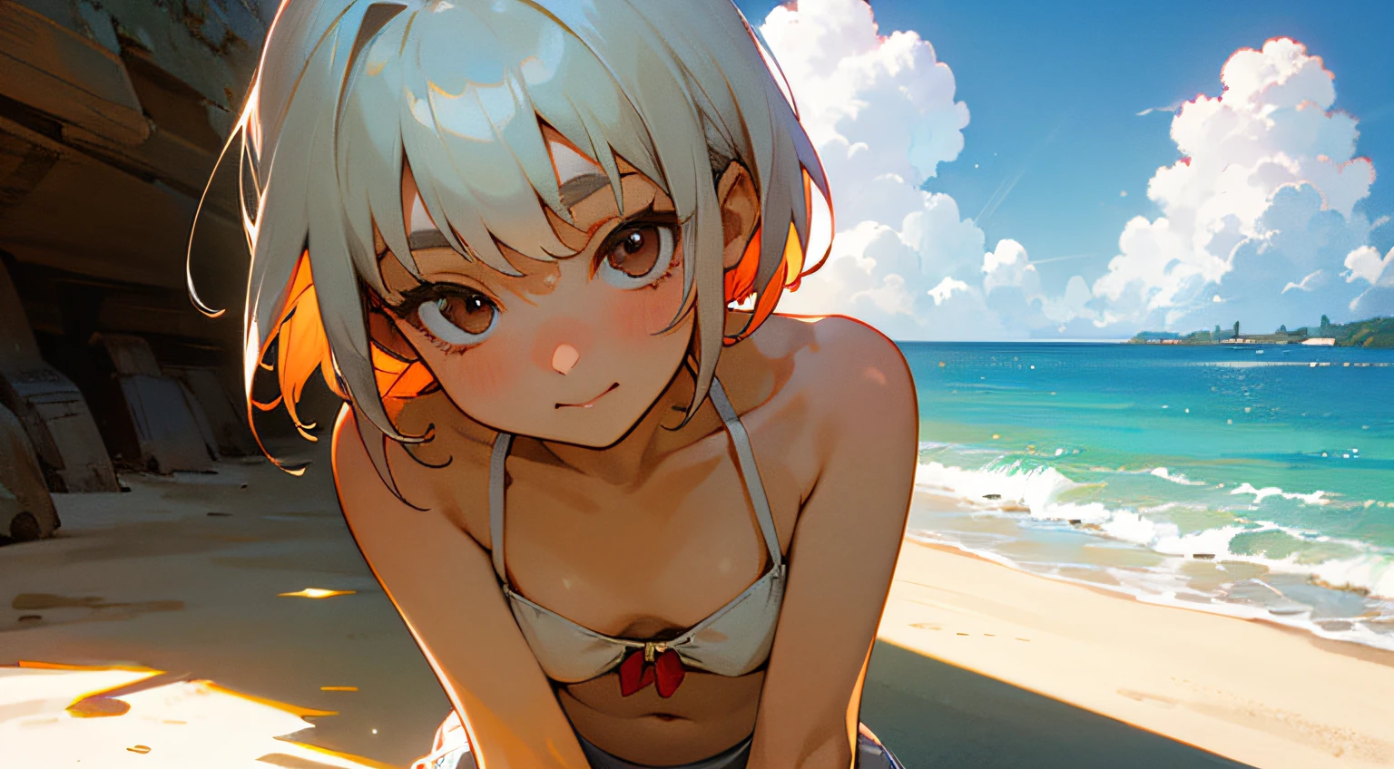 16 yaers old，s girl，The upper part of the body，White and red top，short detailed hair，solo person，White color hair，夏天，beachside，baiyun，Positive side face，surrealism, shadowing, anaglyph, stereograms, tachi-e, angle of view, Atmospheric perspective, 8K, Super detail, ccurate, Best quality --auto