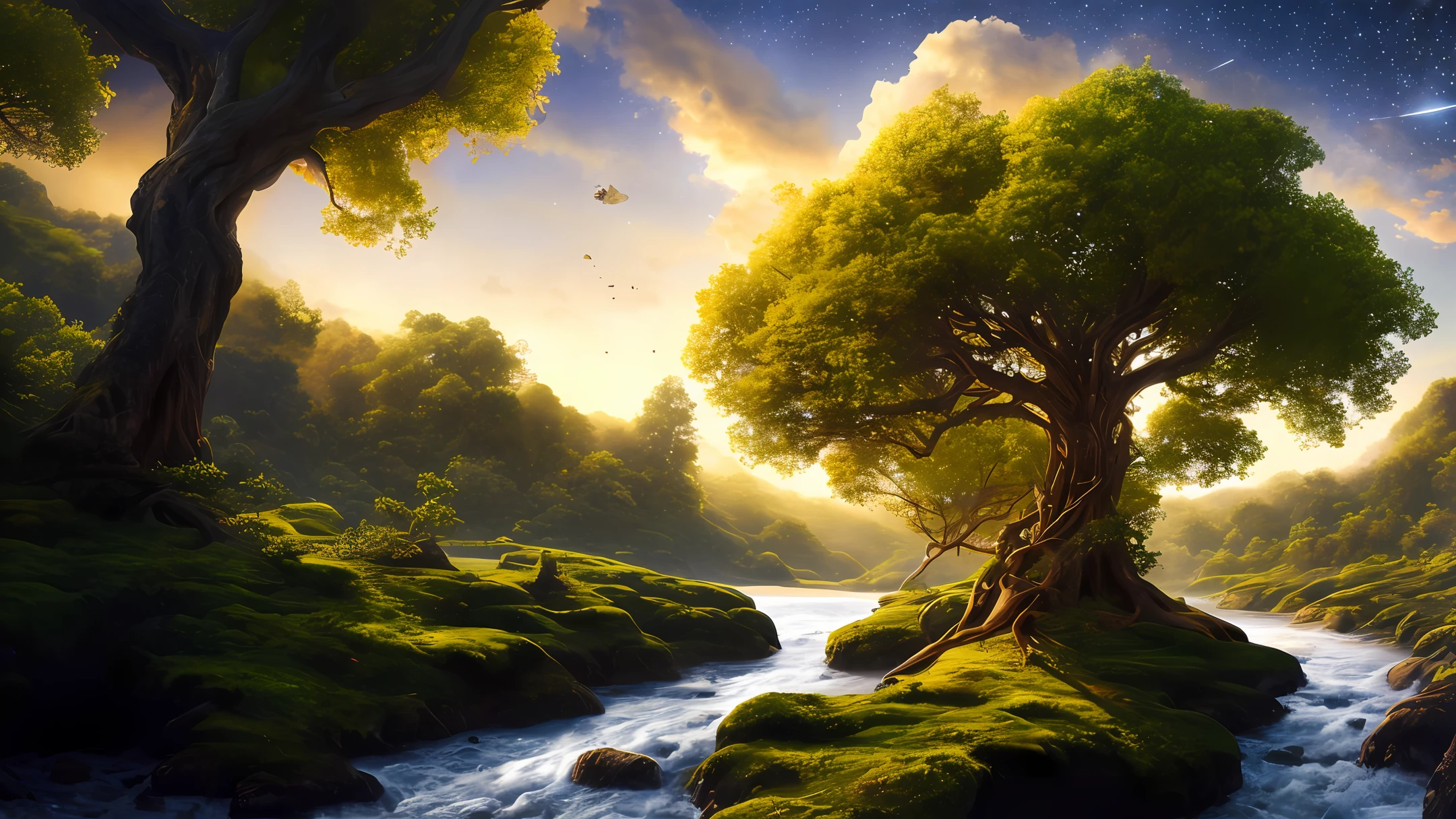 Illustration of a hyperrealistic , otherworldly, ultrasky scene featuring a giant crystal tree full body,very detailed and magical lighting, intricate forest details, vegetation and river around, solarpunk ,landscape, giant tree, beatifull leafy with beautiful lighting and realistic proportions, as if it were a cinematic background, 8k, highest quality, masterpiece, clouds and stars in the sky.