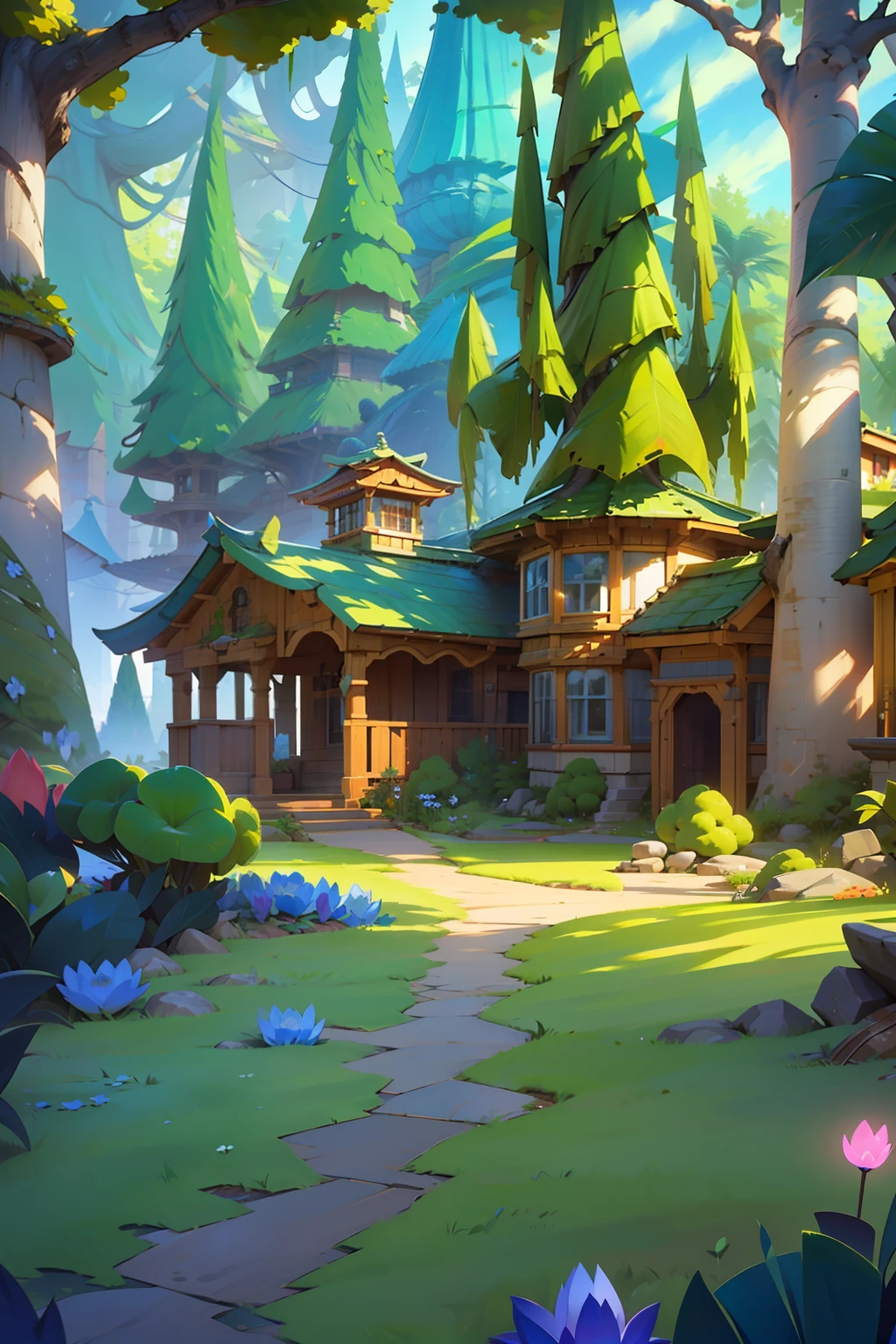 Game map design，cartoonish style，combat scene，The theme of the forest、In the middle is a flat ground path，angle of depression，gameicon，​masterpiece，Epic composition，best quailty，Super-High Resolution，3Drender，8K