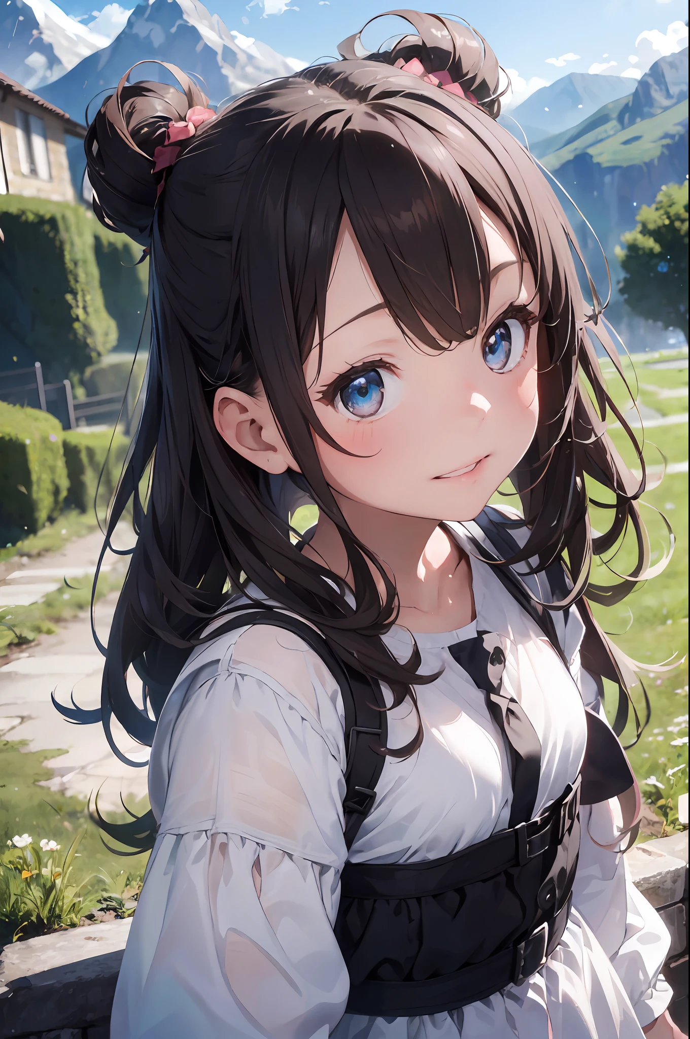 ((6year old girl:1.5)), Girl in 1, Lori, Petite girl, Complete anatomy, Whole body, children body, Child, Super cute, garl, Little girl, Beautiful girl, beautiful shining body, Bangs,Brown hair,high eyes,(aquamarine eyess), drooping eyes, Petite,tall eyes, beautiful girl with fine details, beautiful and delicate eyes, Detailed face, Beautiful eyes, beautiful shining body, smile on face, Happiness,
Whole body angle, alps, Shepherd's daughter, Mountain Girl, plein air, alpine meadow,
Natural light,((Realism: 1.2)), dynamic far view shot,Cinematic lighting, Perfect composition, by sumic.mic, ultra detaild, Official art, Masterpiece, (Best Quality:1.3), glint, Extremely detail CG unity 8k wallpaper, Detailed background, Masterpiece, Best Quality, (Masterpiece), (Best Quality:1.4), (UltraHighResolution:1.2), (Hyperrealistic:1.4), (Photorealistic:1.2), Best Quality, High quality, high resolucion, Detail enhancement,