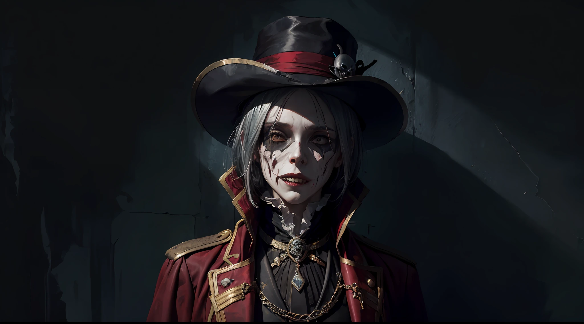 ☠️,⚠️,((🕵️‍♀️)),✨, horror theme, (Depressed:1.3), Wall of blood,silber hair ,(masks) , (repression) , Dilapidated walls , Ruined costumes , Sideways portrait, (Hat , tailcoat) ,