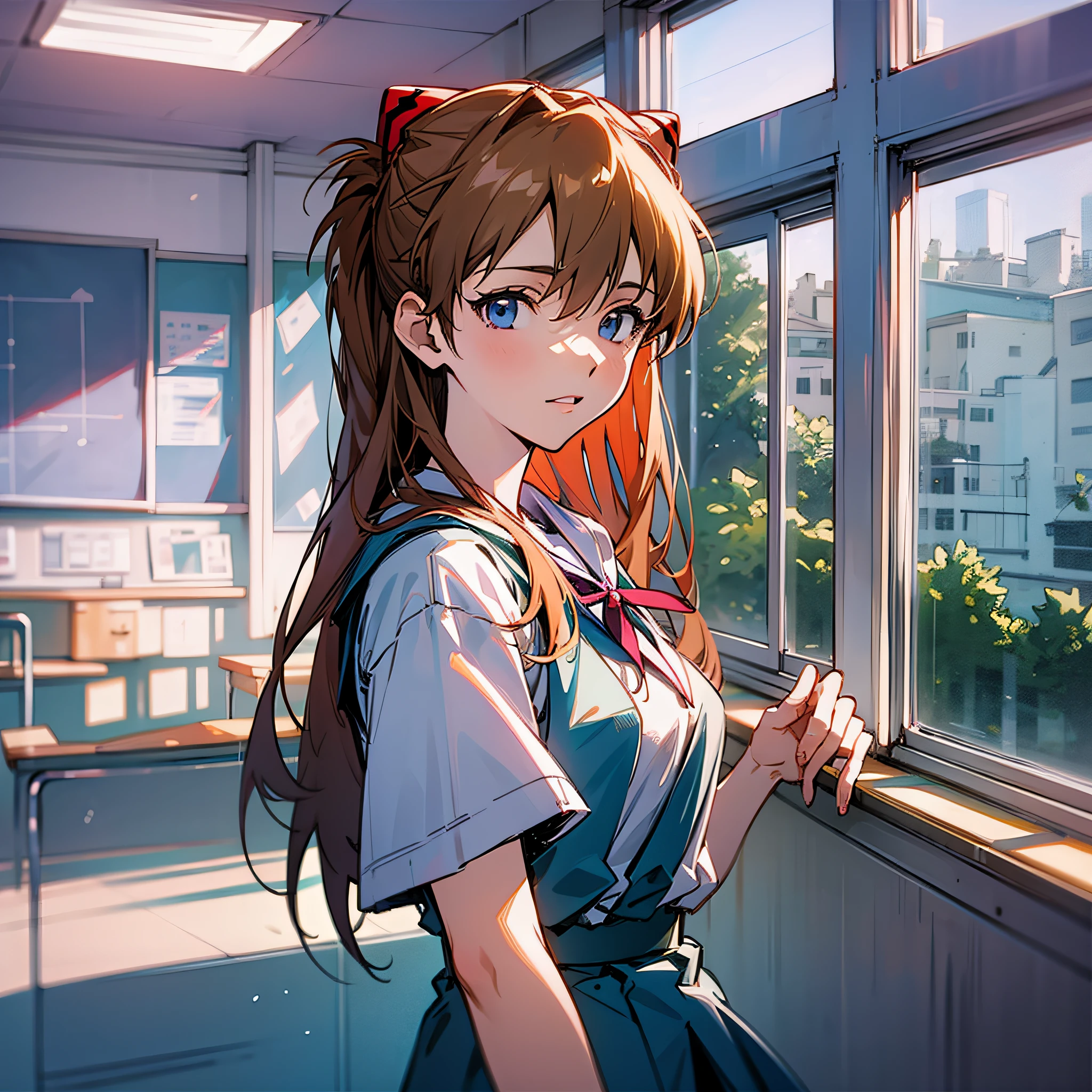 1 girl, Asuka, Evangelion, 8K, best quality, school uniform, classroom