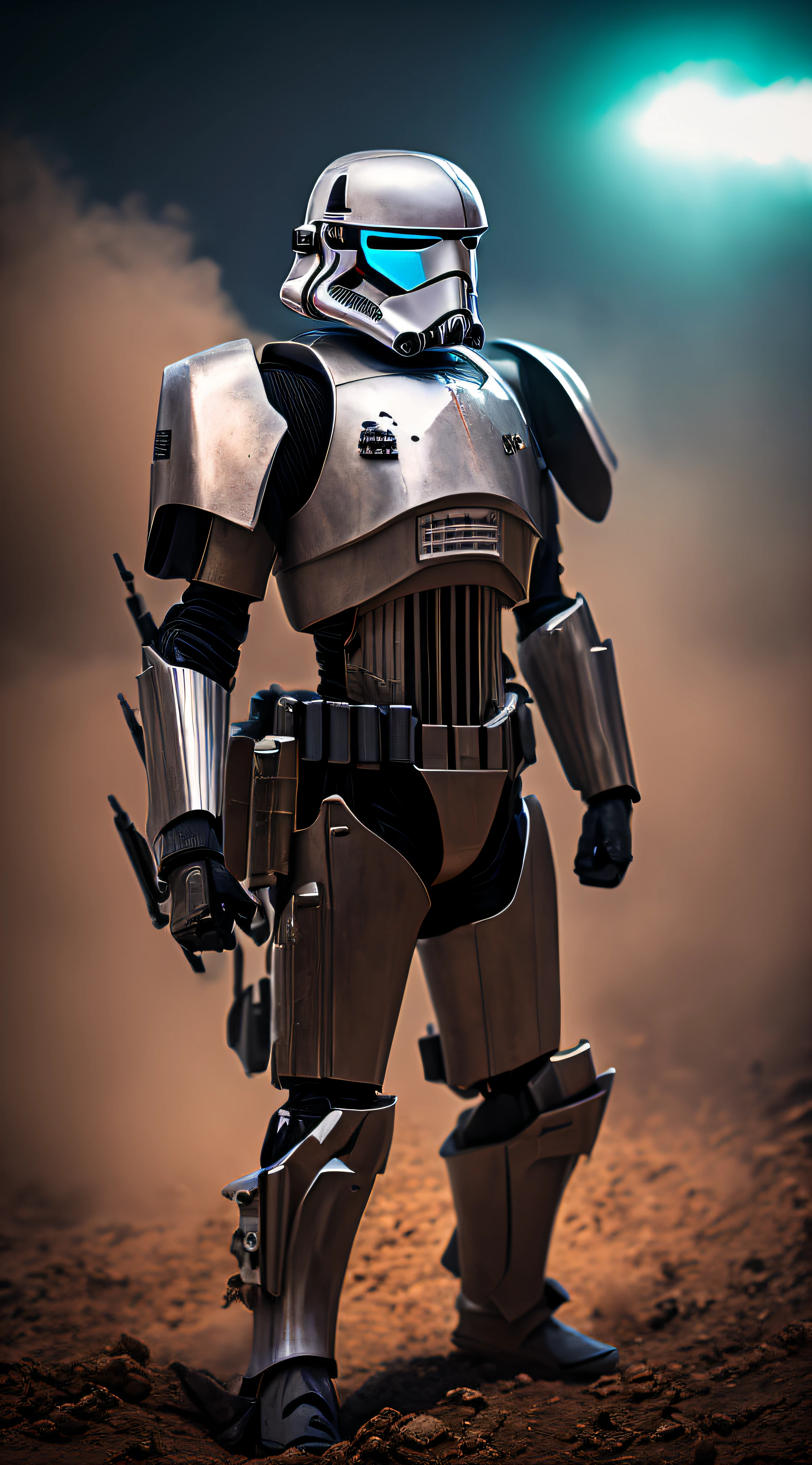 (masterpiece, best quality, detailed:1.4), (sfw), 8k, RAW photo, Fujifilm eterna style photo,  (dark:1.4), (backlit photography:1.4), (facing viewer:1.2), full body, (Yuto Sakurai:1.3), Stormtrooper, grasshopper mask, multicolored, (exosuit:1.2) with neon eyes, armored (belt and gauntlet:1.1), outdoor,  fighting stance, (highly detailed:1.4), BREAK by dust storm