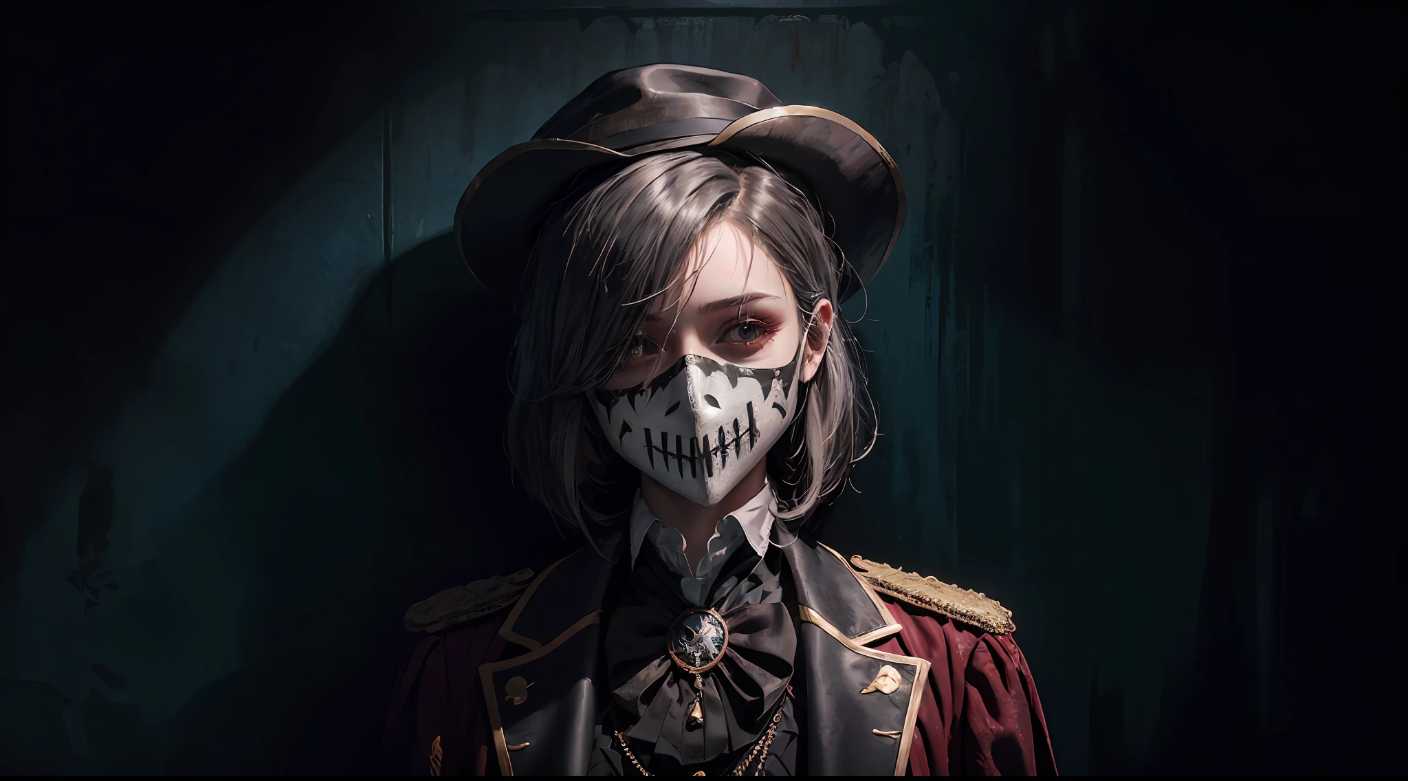 ☠️,⚠️,((🕵️♀️)),✨, horror theme, (Depressed:1.3), Wall of blood,silber hair ,(masks) , (repression) , Dilapidated walls , Ruined costumes , Sideways portrait, (Hat , tailcoat) ,