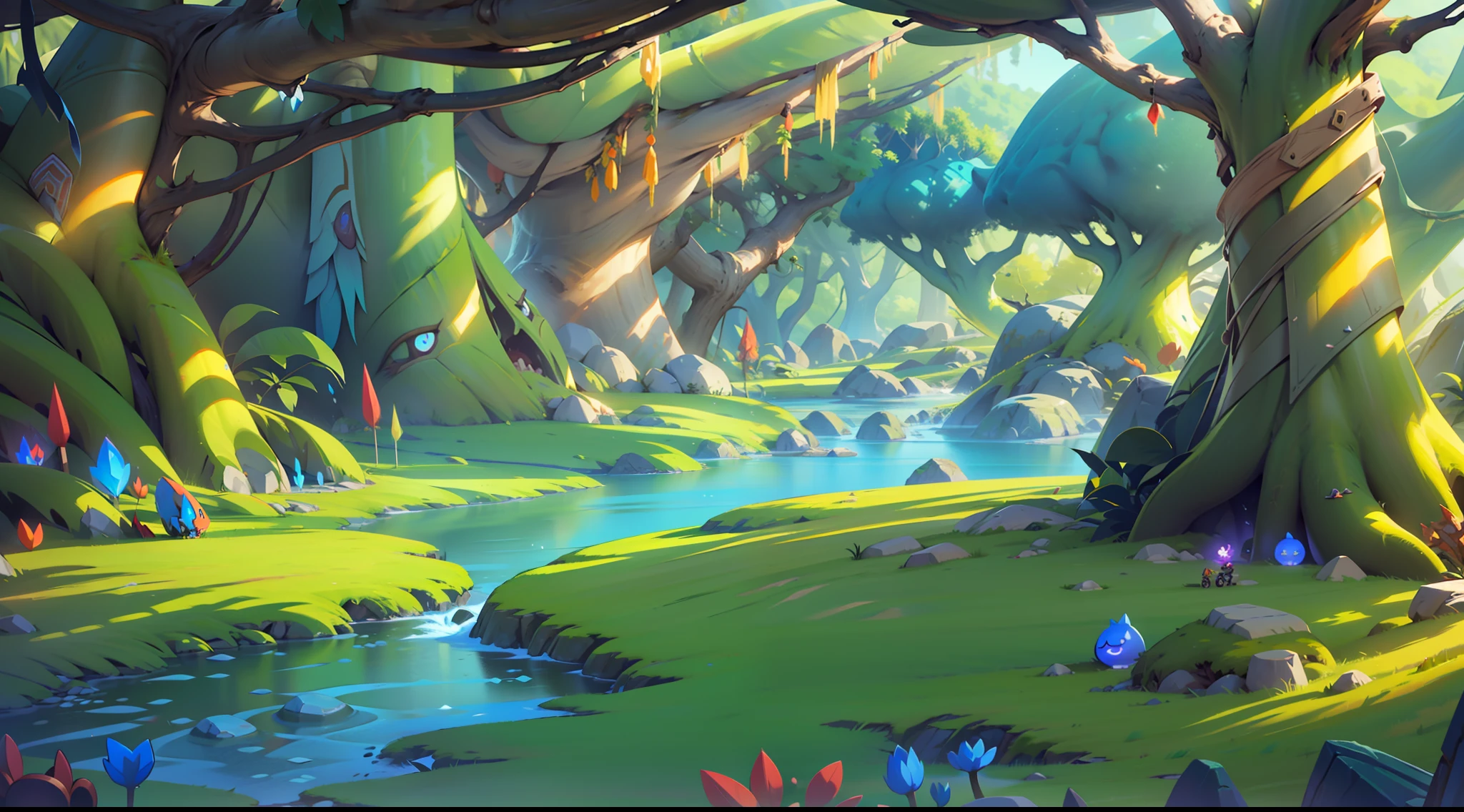 Game map design,cartoonish style,Side-scrolling battle scenes,The theme of the forest、Faraway view,The middle view is a flat ground,Close-up,Mogao Caves,angle of depression,gameicon,masterpiece,Epic composition,best quailty,Super-High Resolution,3Drender,8K