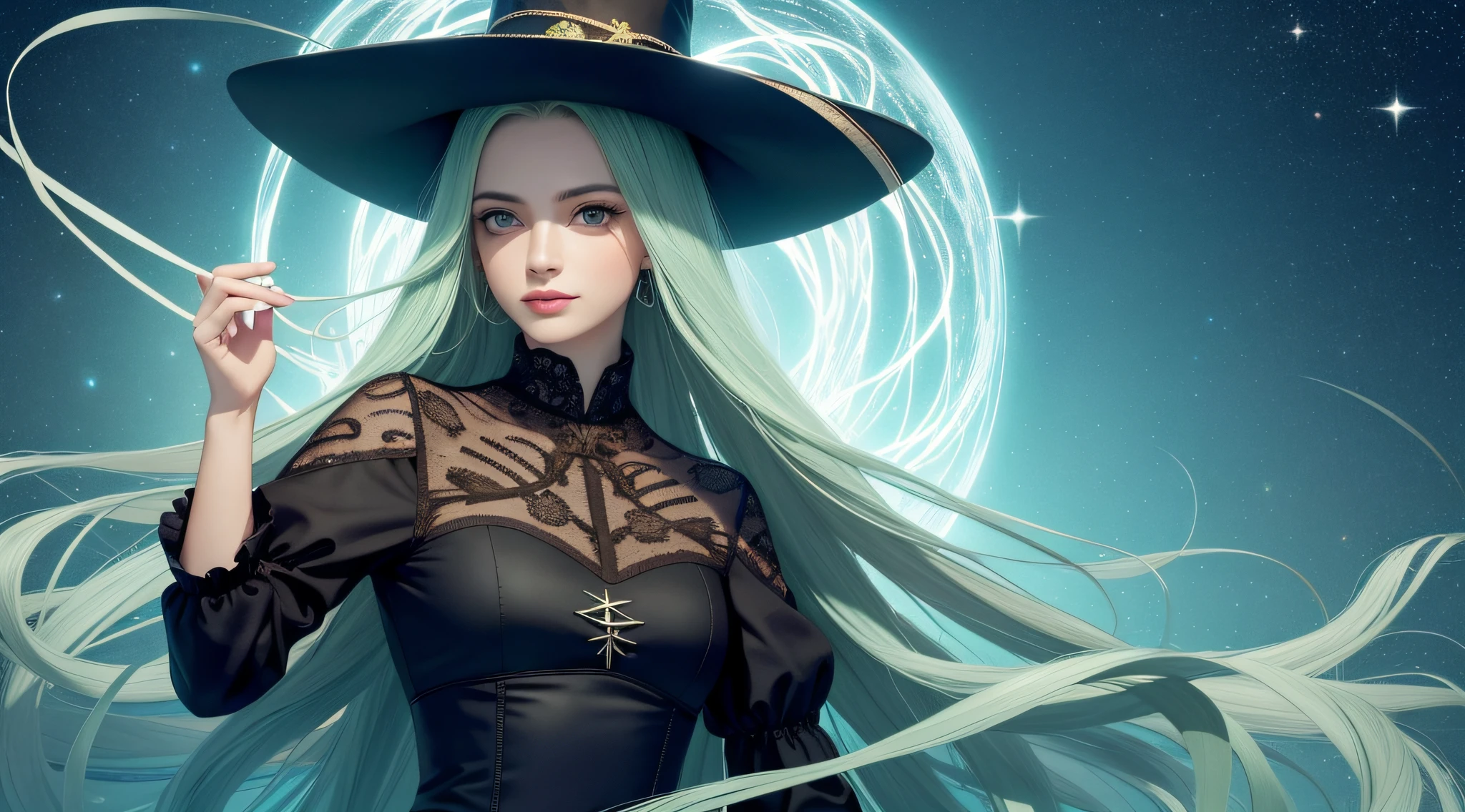 (melhor qualidade, obra-prima, realista, detalhado), 8k CG, arte perfeita, 1 menina, Adult Hungarian woman, esbelta, sardas, solo, olhos marejos, cabelo longo preto, retrato, olhando para baixo, solo, (corpo inteiro: 0.6), fundo detalhado, sorriso claro, witch hat, bruxa, magical ambiance, cabelo fluindo no vento, verde aparado roupas de cor escura, colorful magic spell bright in the air, Rotating portal, magia escura, (estilo-redemoinho: 0.8), particle floating, fundo escuro sinistro da floresta, corrente ascendente, retroiluminação,