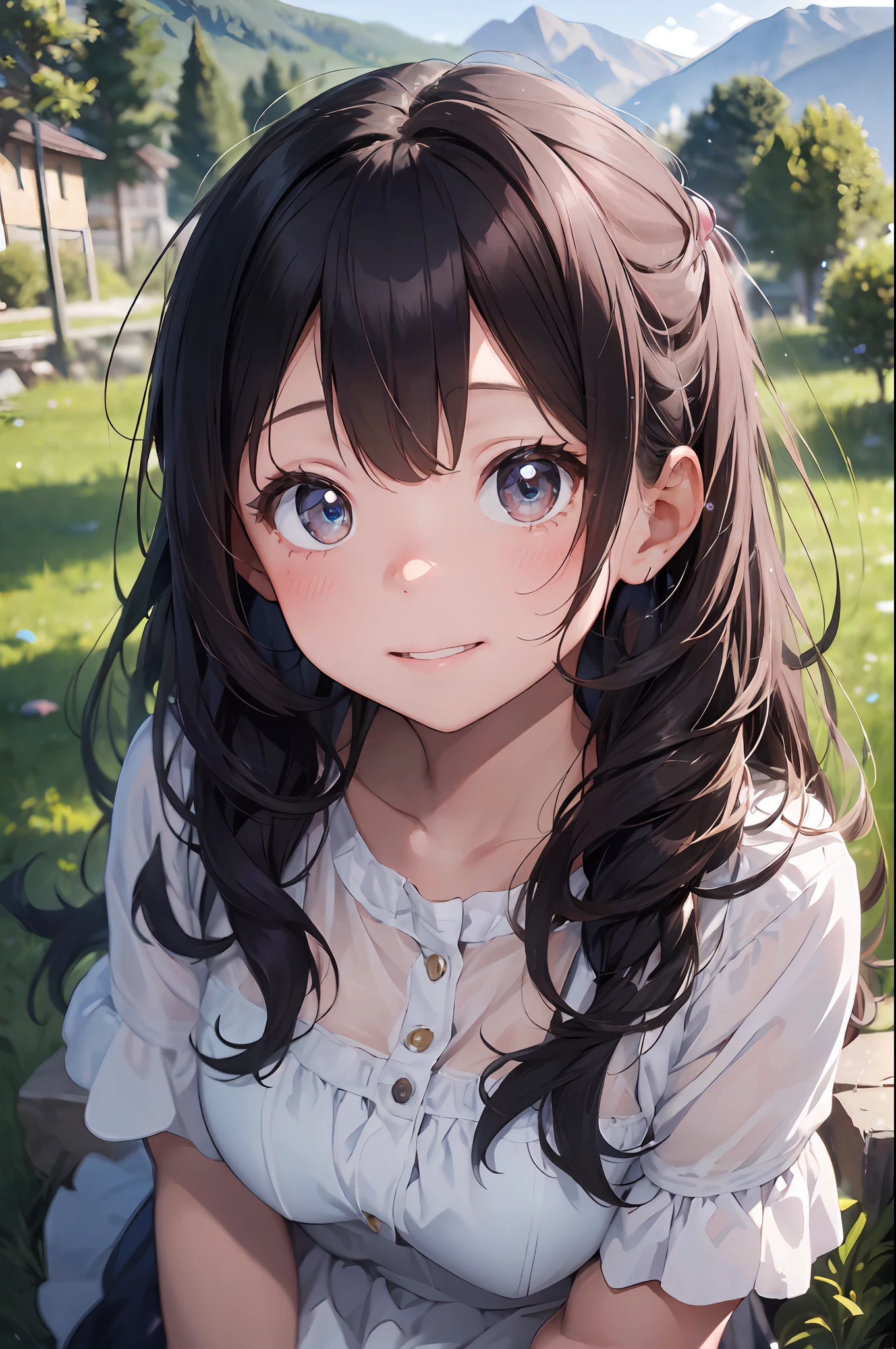 ((6year old girl:1.5)), Girl in 1, Lori, Petite girl, Complete anatomy, Whole body, children body, Child, Super cute, garl, , Beautiful girl, beautiful shining body, Bangs,Brown hair,high eyes,(aquamarine eyess), drooping eyes, Petite,tall eyes, beautiful girl with fine details, beautiful and delicate eyes, Detailed face, Beautiful eyes, beautiful shining body, smile on face, Happiness,
Whole body angle, alps, Shepherd's daughter, Mountain Girl, plein air, alpine meadow,
Natural light,((Realism: 1.2)), dynamic far view shot,Cinematic lighting, Perfect composition, by sumic.mic, ultra detaild, Official art, Masterpiece, (Best Quality:1.3), glint, Extremely detail CG unity 8k wallpaper, Detailed background, Masterpiece, Best Quality, (Masterpiece), (Best Quality:1.4), (UltraHighResolution:1.2), (Hyperrealistic:1.4), (Photorealistic:1.2), Best Quality, High quality, high resolucion, Detail enhancement,