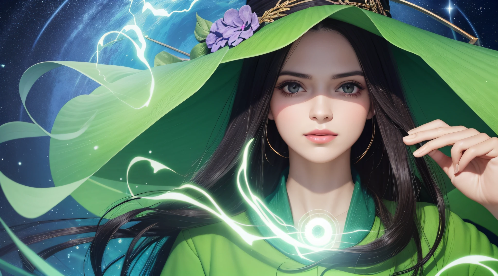 (melhor qualidade, obra-prima, realista, detalhado), 8k CG, arte perfeita, 1 menina, Adult Hungarian woman, esbelta, sardas, solo, olhos marejos, cabelo longo preto, retrato, olhando para baixo, solo, (corpo inteiro: 0.6), fundo detalhado, sorriso claro, witch hat, bruxa, magical ambiance, cabelo fluindo no vento, verde aparado roupas de cor escura, colorful magic spell bright in the air, Rotating portal, magia escura, (estilo-redemoinho: 0.8), particle floating, fundo escuro sinistro da floresta, corrente ascendente, retroiluminação,