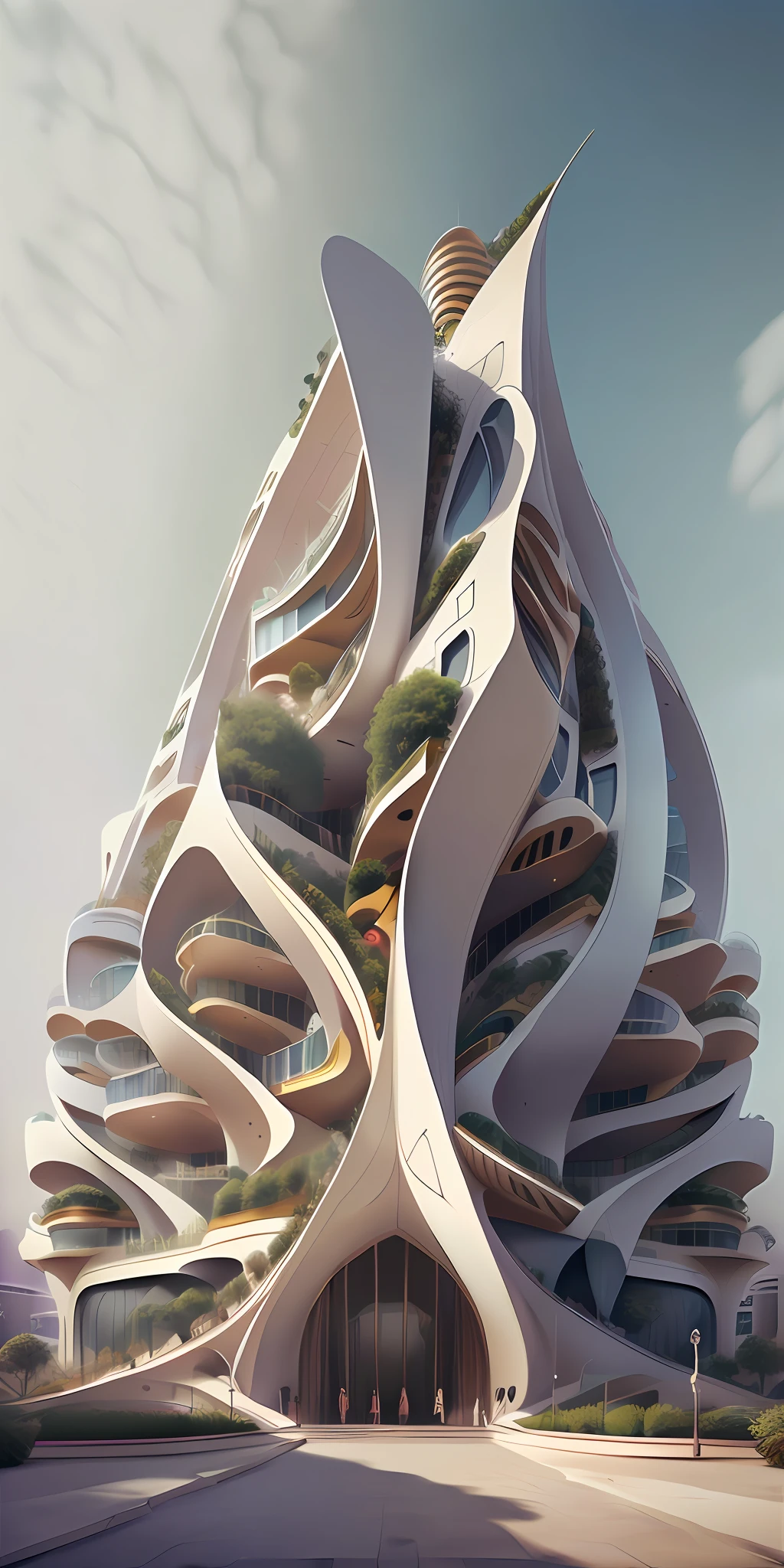 A tall building in a futuristic city designed by Zaha Hadid, a futuristic building, a modern building, sidewalks around the building, imagination, a fusion between the future and the past, hanging gardens, the hanging gardens of Babylon, sustainability, future technology, Very tall building,  architectural creativity, new culture, self-sufficiency, the golden ratio, a beautiful building in the middle of the image, a blurry background, one building, spread, natural colors, calm colors, masterpiece, art, better resolution