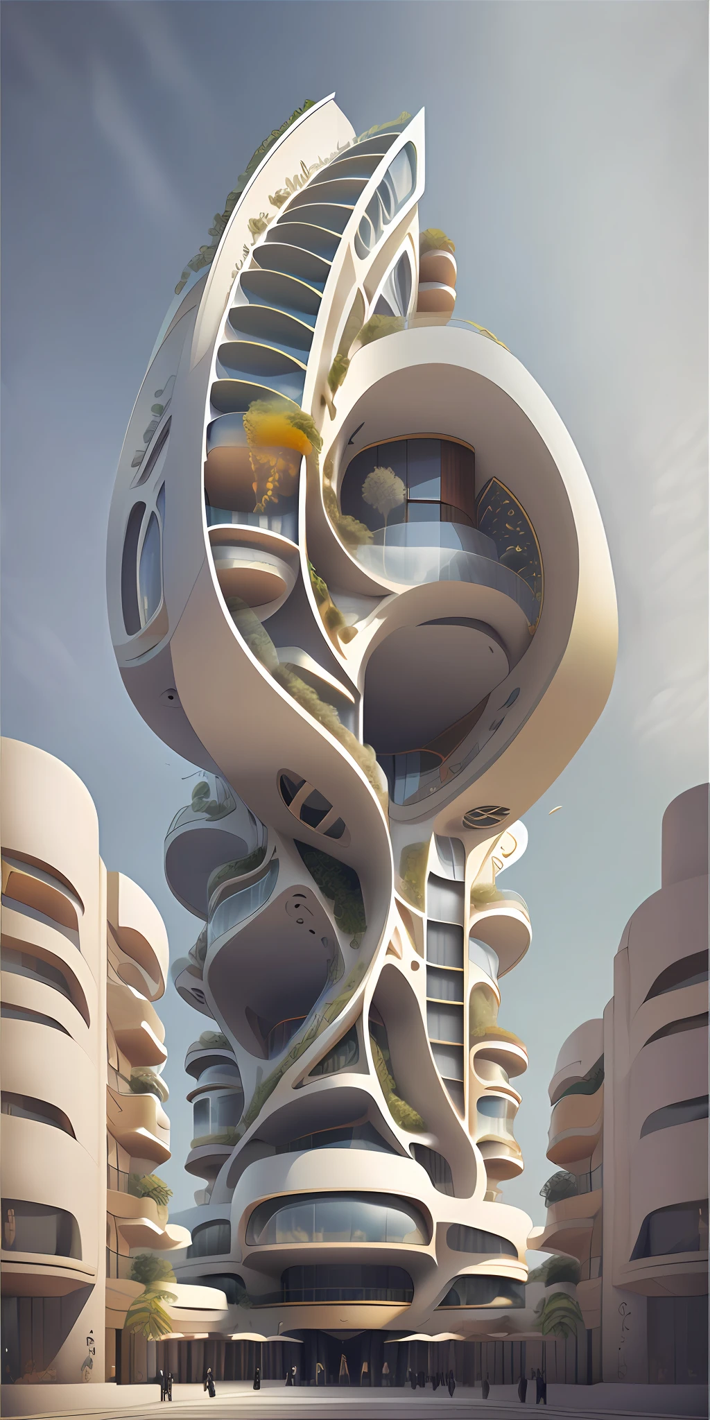 A tall building in a futuristic city designed by Zaha Hadid, a futuristic building, a modern building, sidewalks around the building, imagination, a fusion between the future and the past, hanging gardens, the hanging gardens of Babylon, sustainability, future technology, Very tall building, architectural creativity, new culture, self-sufficiency, the golden ratio, a beautiful building in the middle of the image, a blurry background, one building, spread, natural colors, calm colors, masterpiece, art, better resolution
