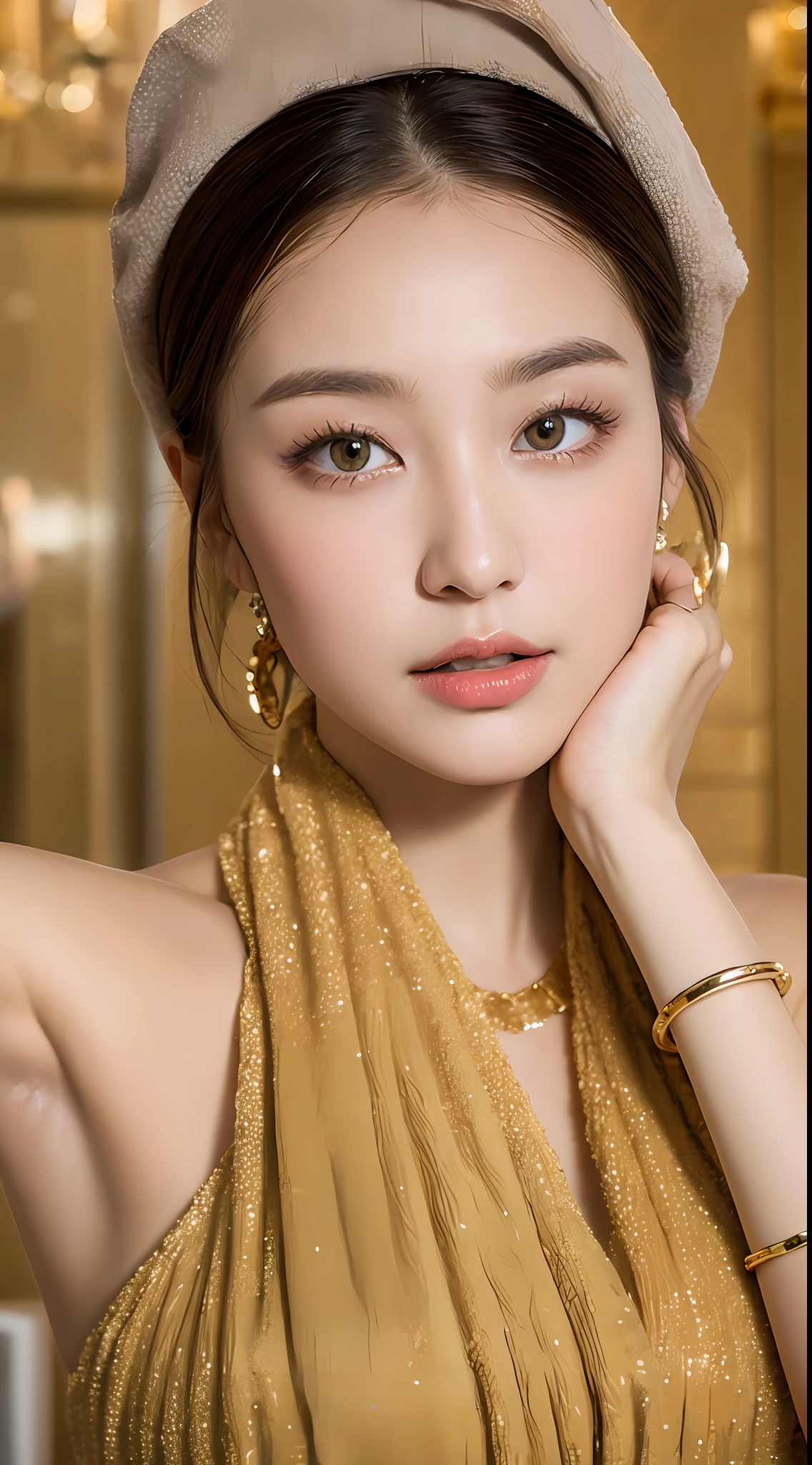 ((8k resolution masterpiece:1.3),Extreme picture quality),classy girl,A pink turban wraps around the head,Bathe in the luxury villa bathroom,Gold earrings,necklace gold,Gold bracelet,Yellow bath towel,Focus on the face,Ultimate detail。