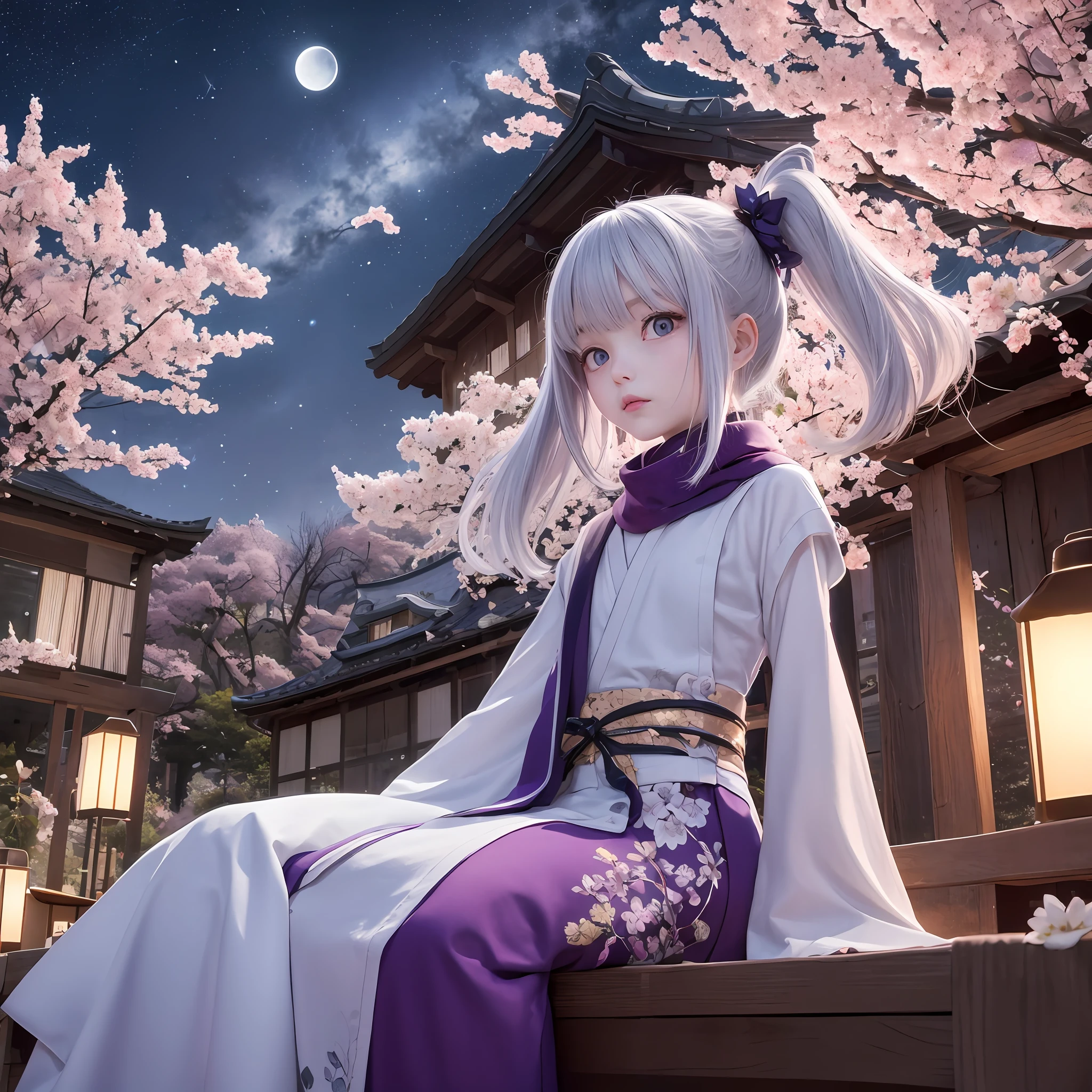 The upper part of the body、女の子1人、white  hair、poneyTail、Purple Eye、(ninjartist)、daggers、Medium Breath、scarf、wall-paper、Magic array background、Particles of light、blue flames、 Odd-Eye Spell In the Japanese anime style, create an image of a spring night filled with starry skies, with cherry blossoms falling under the clear sky and the moon in view. Add several stars using a screentone for a magical effect.