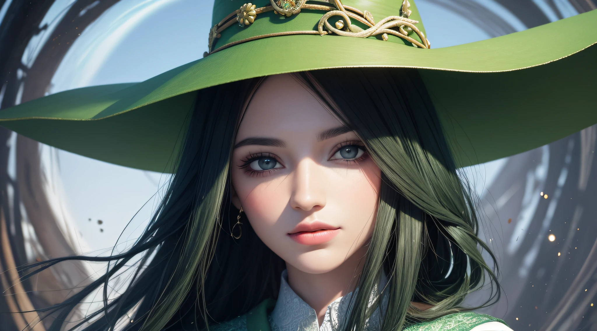 (melhor qualidade, obra-prima, realista, detalhado), 8k CG, arte perfeita, 1 , Adult Hungarian woman, esbelta, sardas, solo, olhos marejos, cabelo longo preto, retrato, olhando para baixo, solo, (corpo inteiro: 0.6), fundo detalhado, sorriso claro, witch hat, bruxa, magical ambiance, cabelo fluindo no vento, verde aparado roupas de cor escura, colorful magic spell bright in the air, Rotating portal, magia escura, (estilo-redemoinho: 0.8), particle floating, fundo escuro sinistro da floresta, corrente ascendente, retroiluminação,